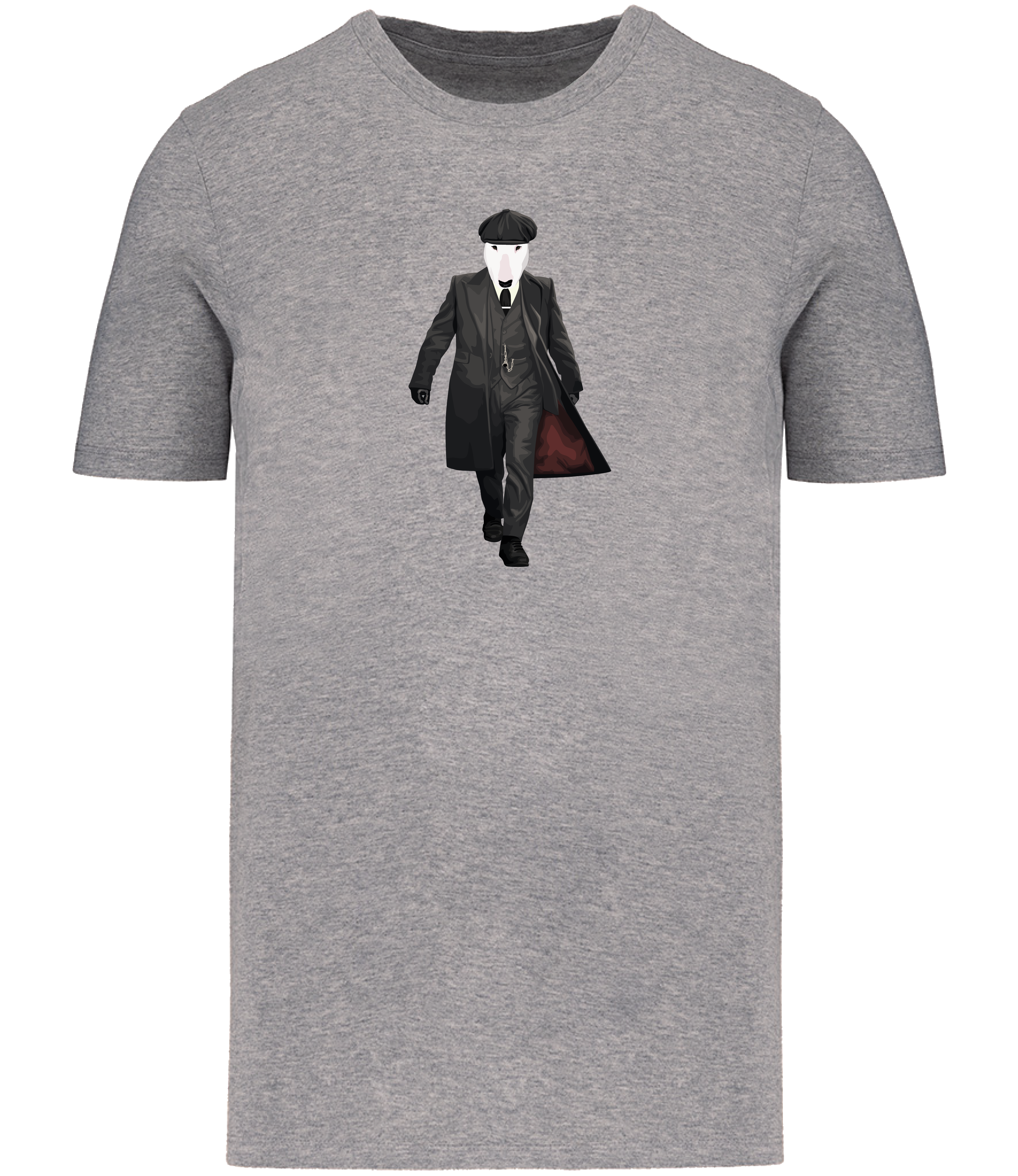 Grey T-shirt printed with an English Bull Terrier Dog dressed as the character Thomas Shelby from the TV series Peaky Blinders