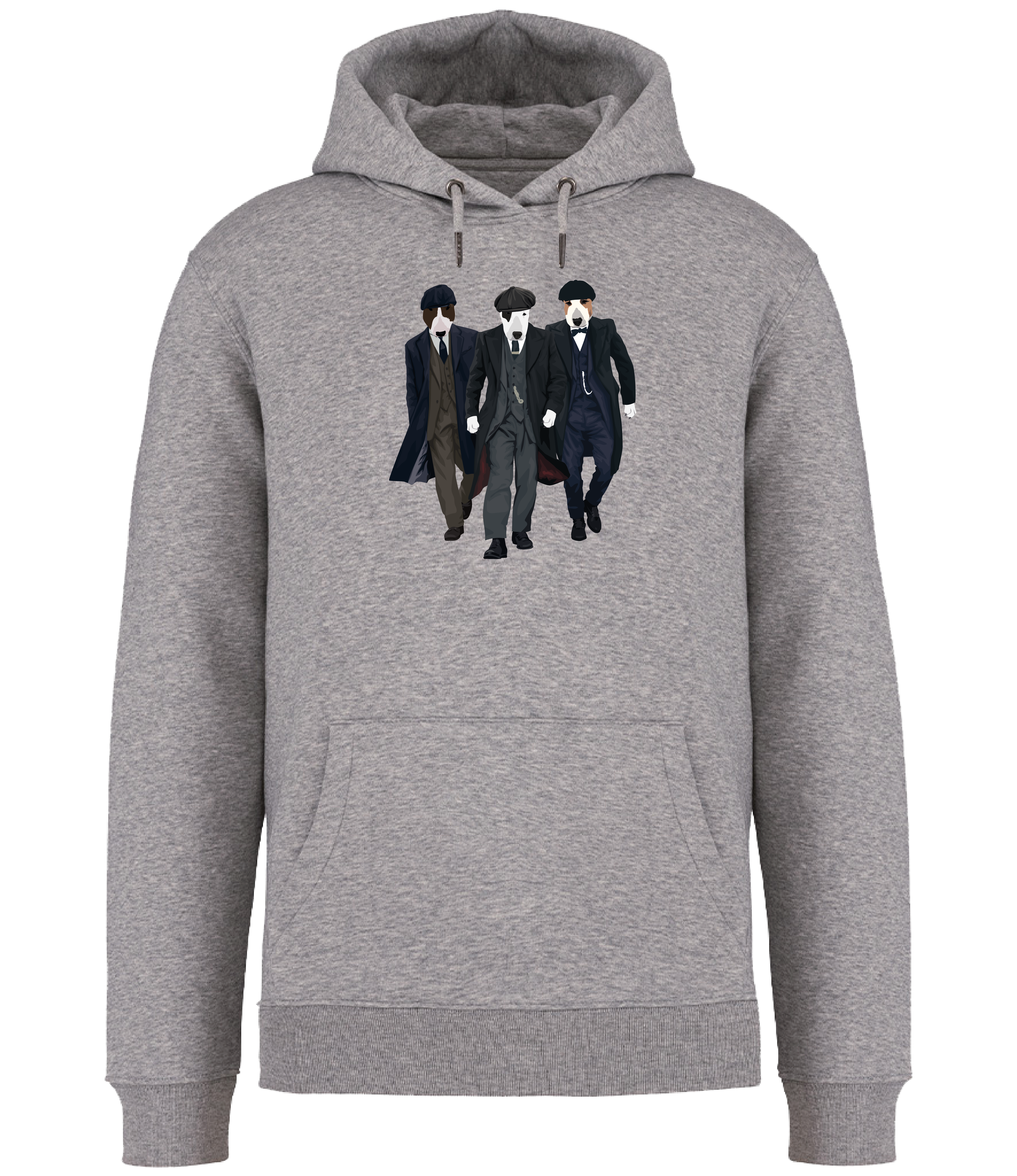 Grey Hoodie printed with 3 English Bull Terrier Dogs dressed as the characters from the TV series Peaky Blinders