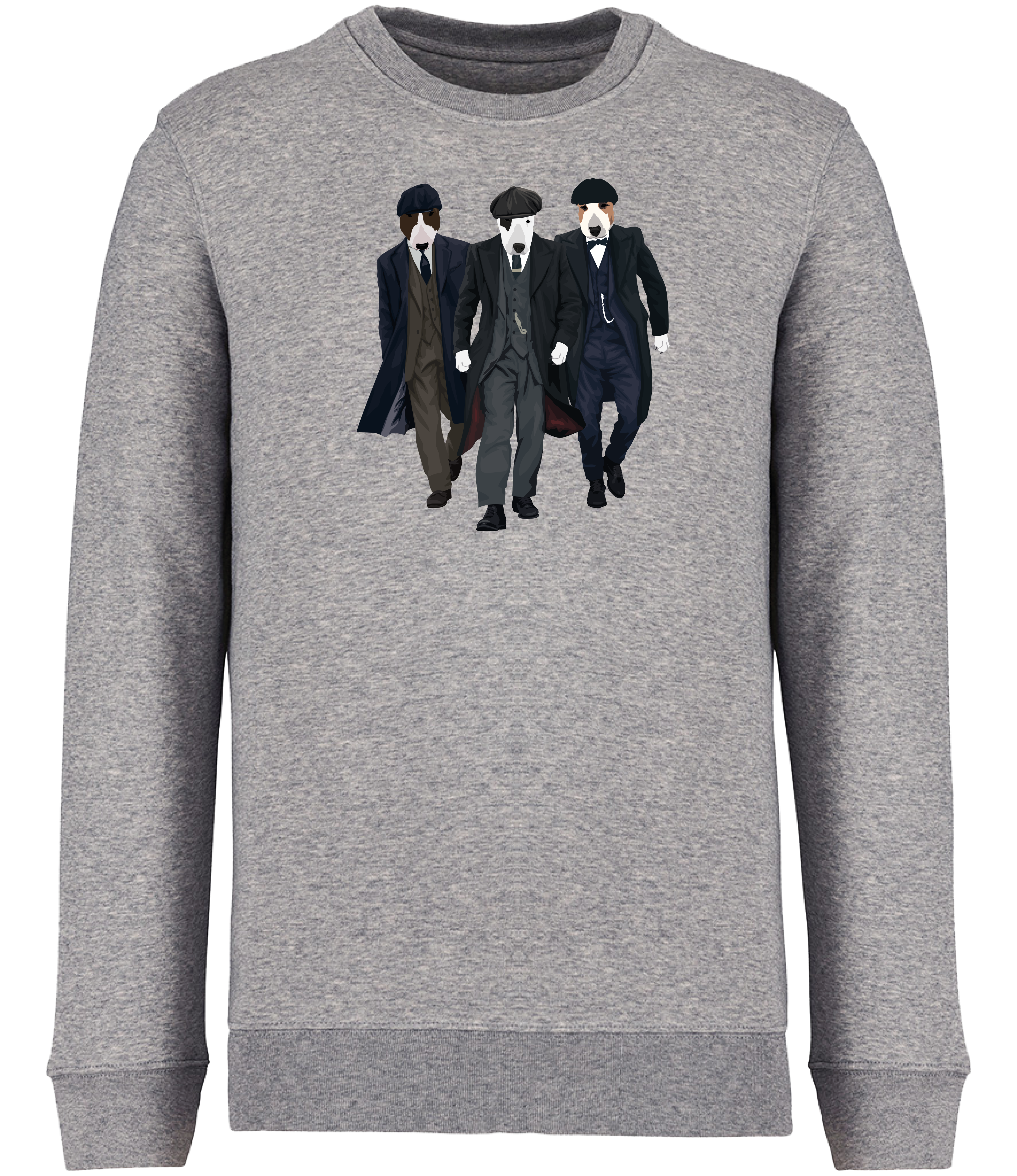 Grey Sweatshirt printed with 3 English Bull Terrier Dogs dressed as the characters from the TV series Peaky Blinders
