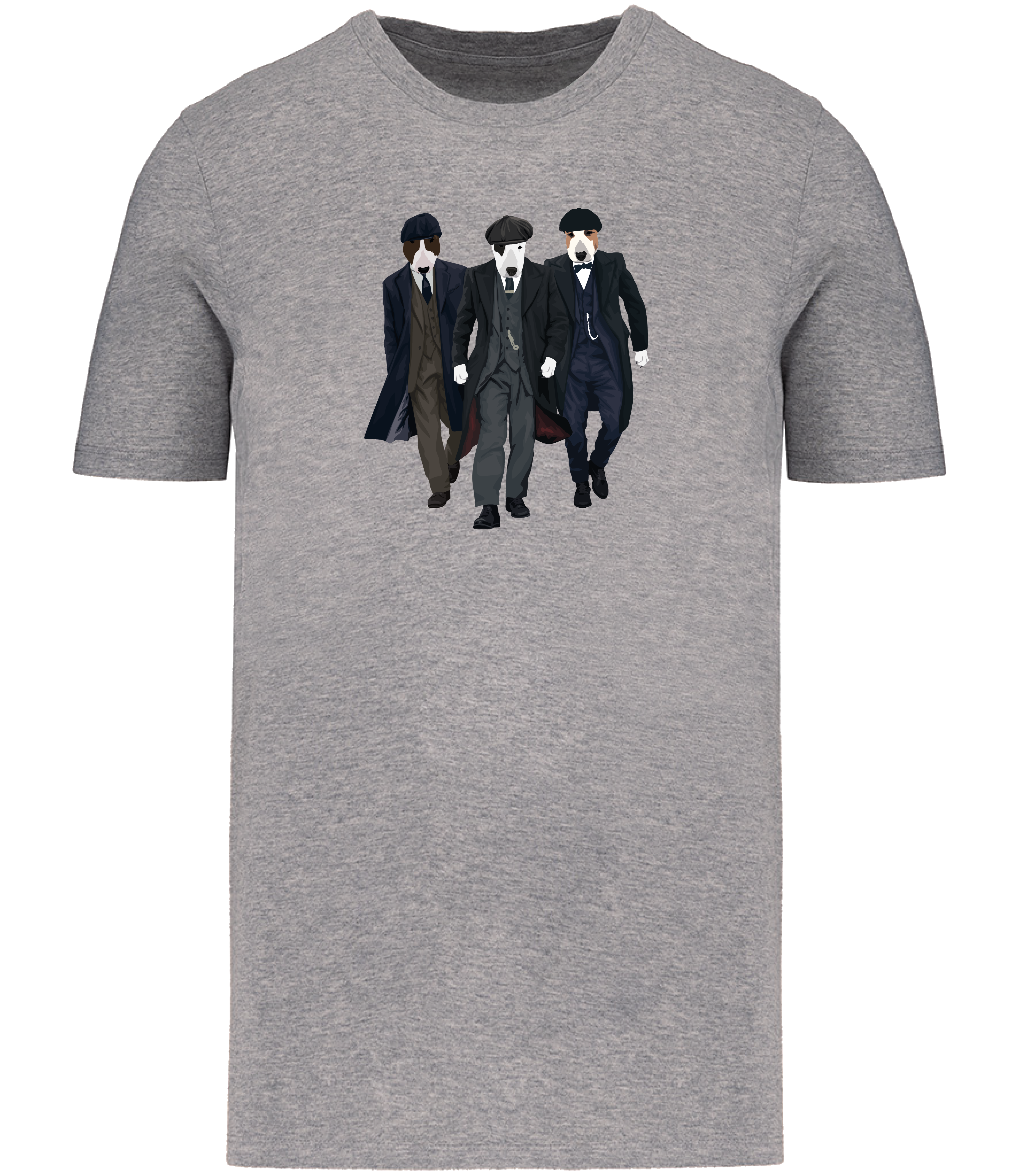 Grey T-shirt printed with 3 English Bull Terrier Dogs dressed as the characters from the TV series Peaky Blinders