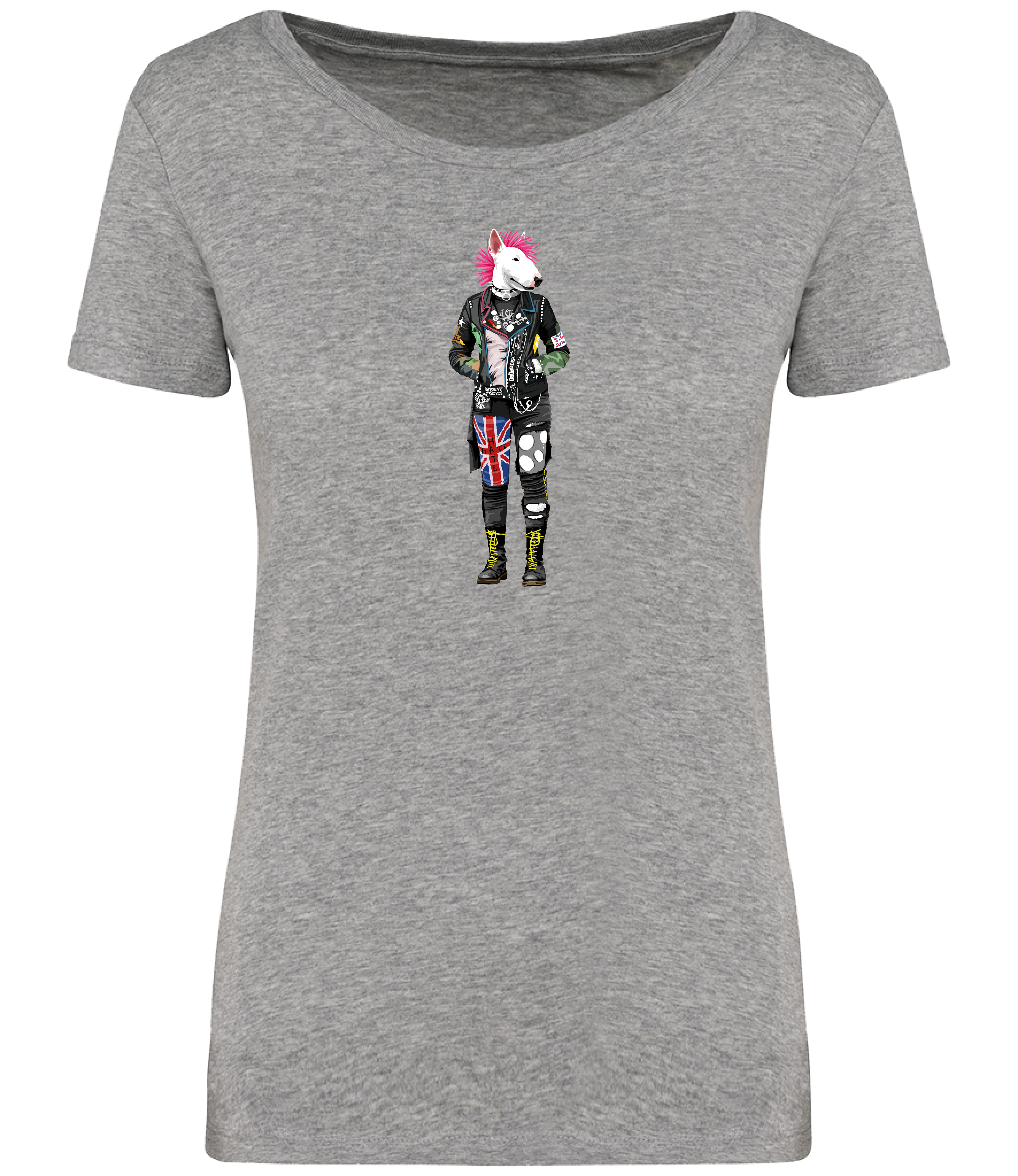 Grey T-shirt printed with an English Bull Terrier Dog dressed in punk style clothing and a pink mohawk