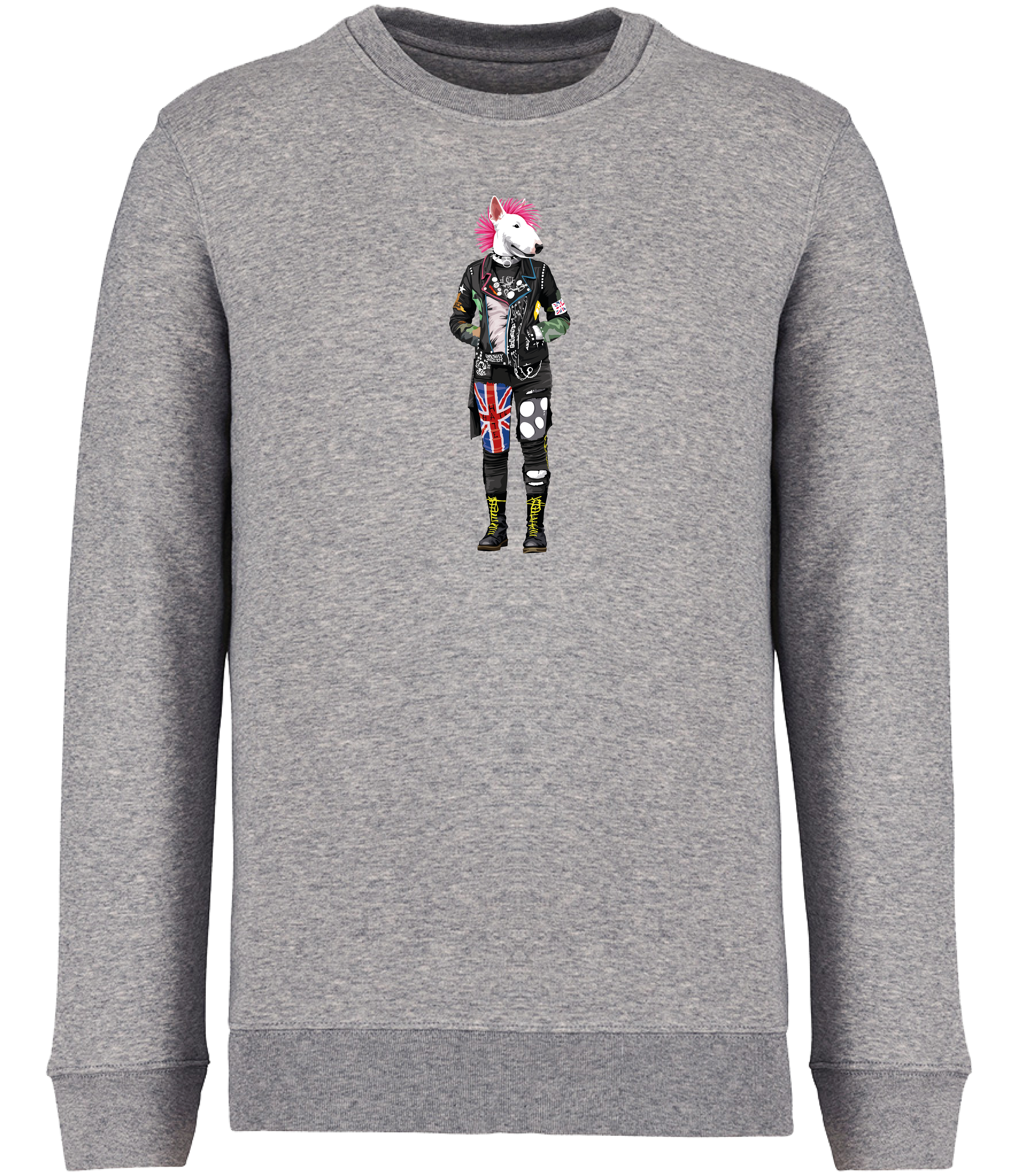 Grey Sweatshirt printed with an English Bull Terrier Dog dressed in punk style clothing and a pink mohawk