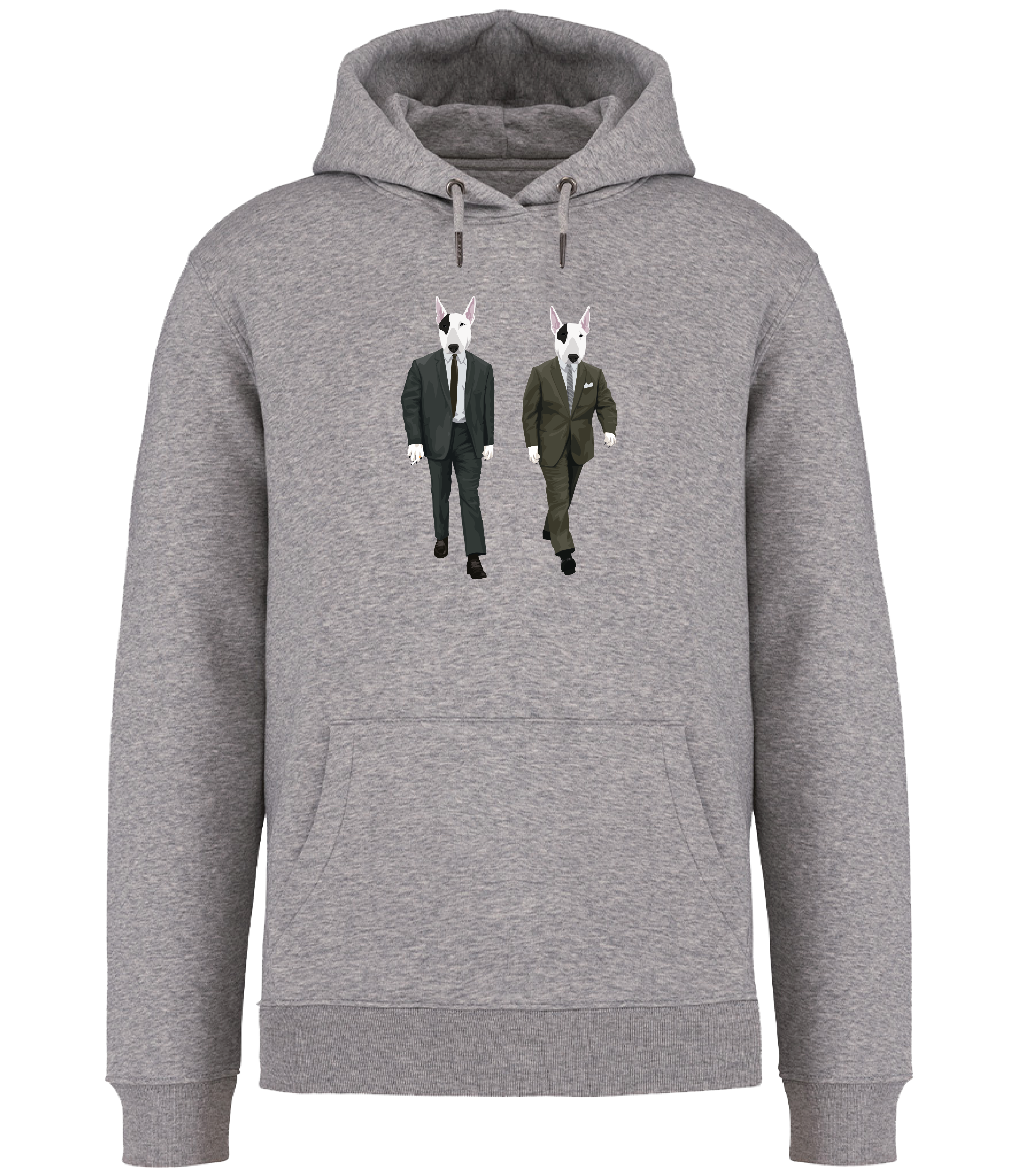Grey Hoodie printed with 2 identical looking English Bull Terrier Dogs wearing suits and ties