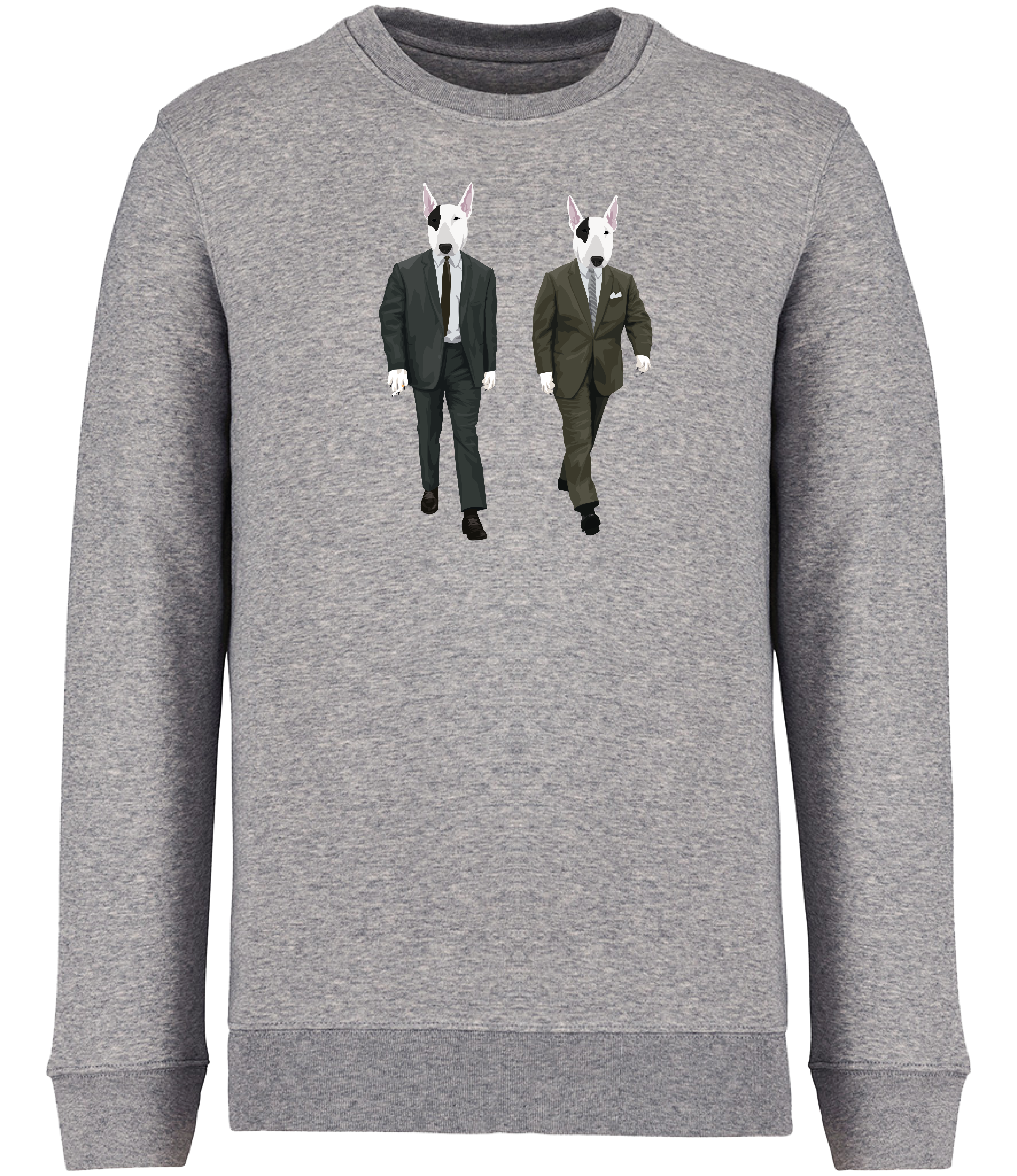 Grey Sweatshirt printed with 2 identical looking English Bull Terrier Dogs wearing suits and ties