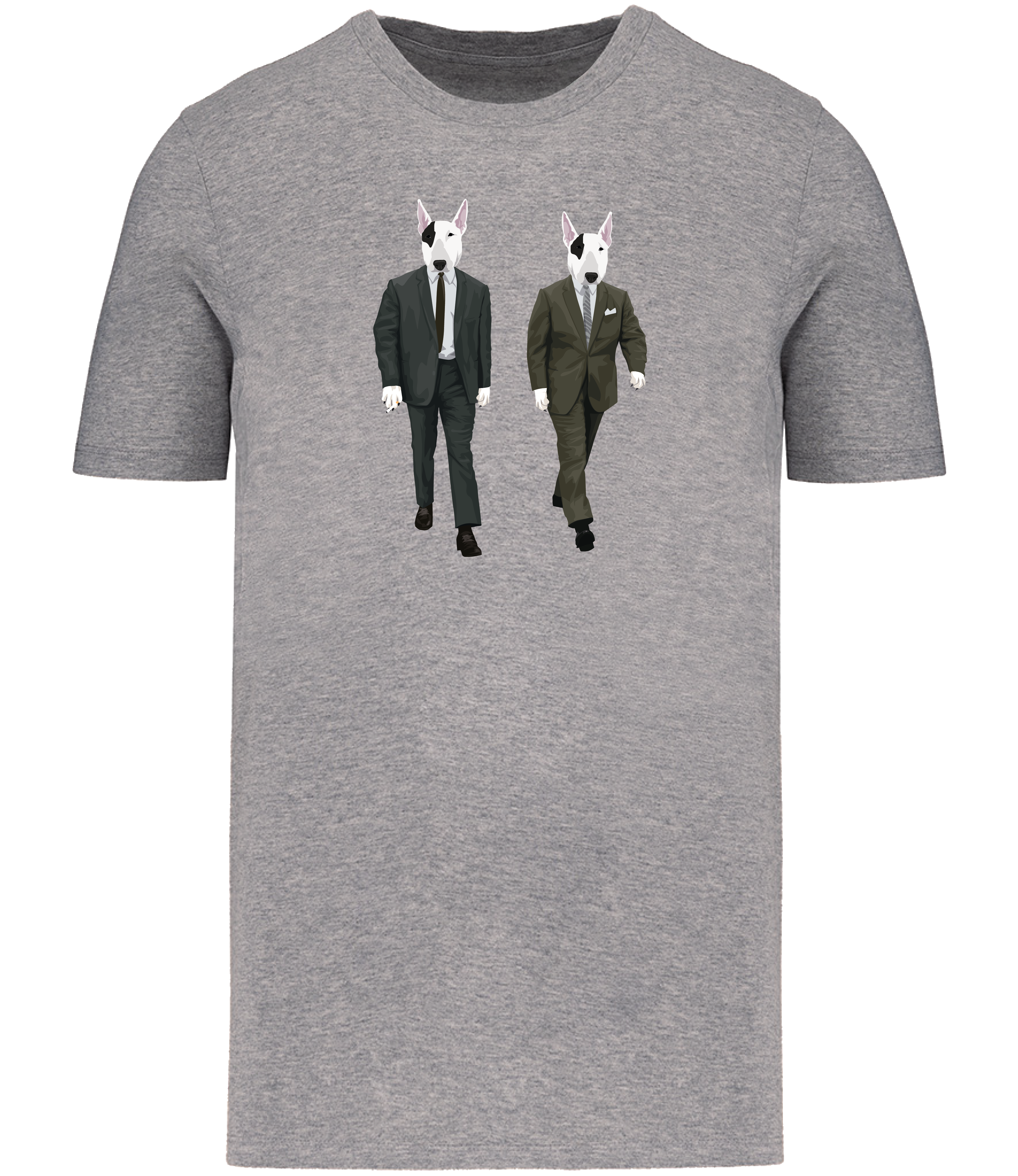 Grey T-shirt printed with 2 identical looking English Bull Terrier Dogs wearing suits and ties