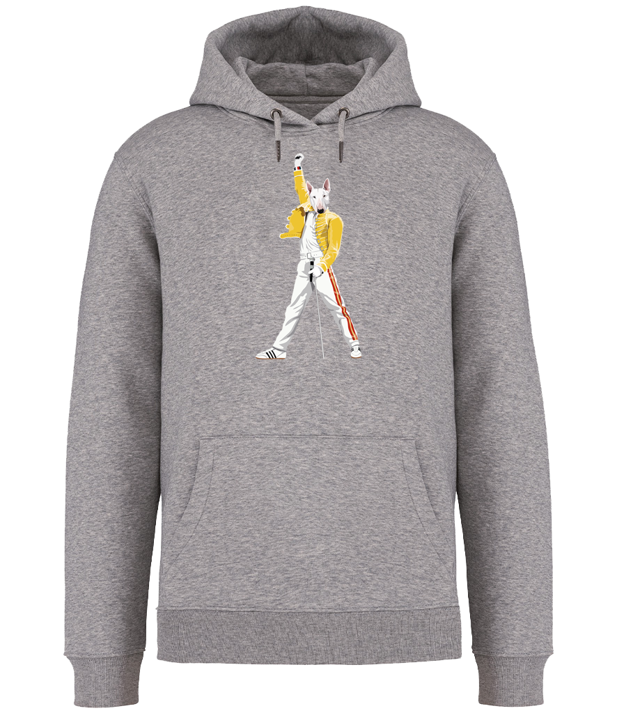 Grey Hoodie printed with an English Bull Terrier Dog Dressed up like the pop Icon Freddie mercury holding a microphone