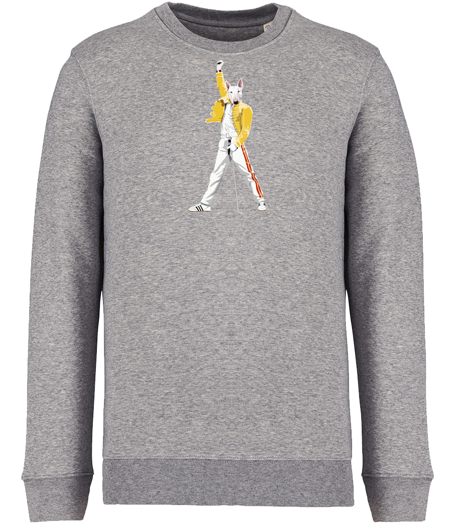 Grey Sweatshirt printed with an English Bull Terrier Dog Dressed up like the pop Icon Freddie mercury holding a microphone