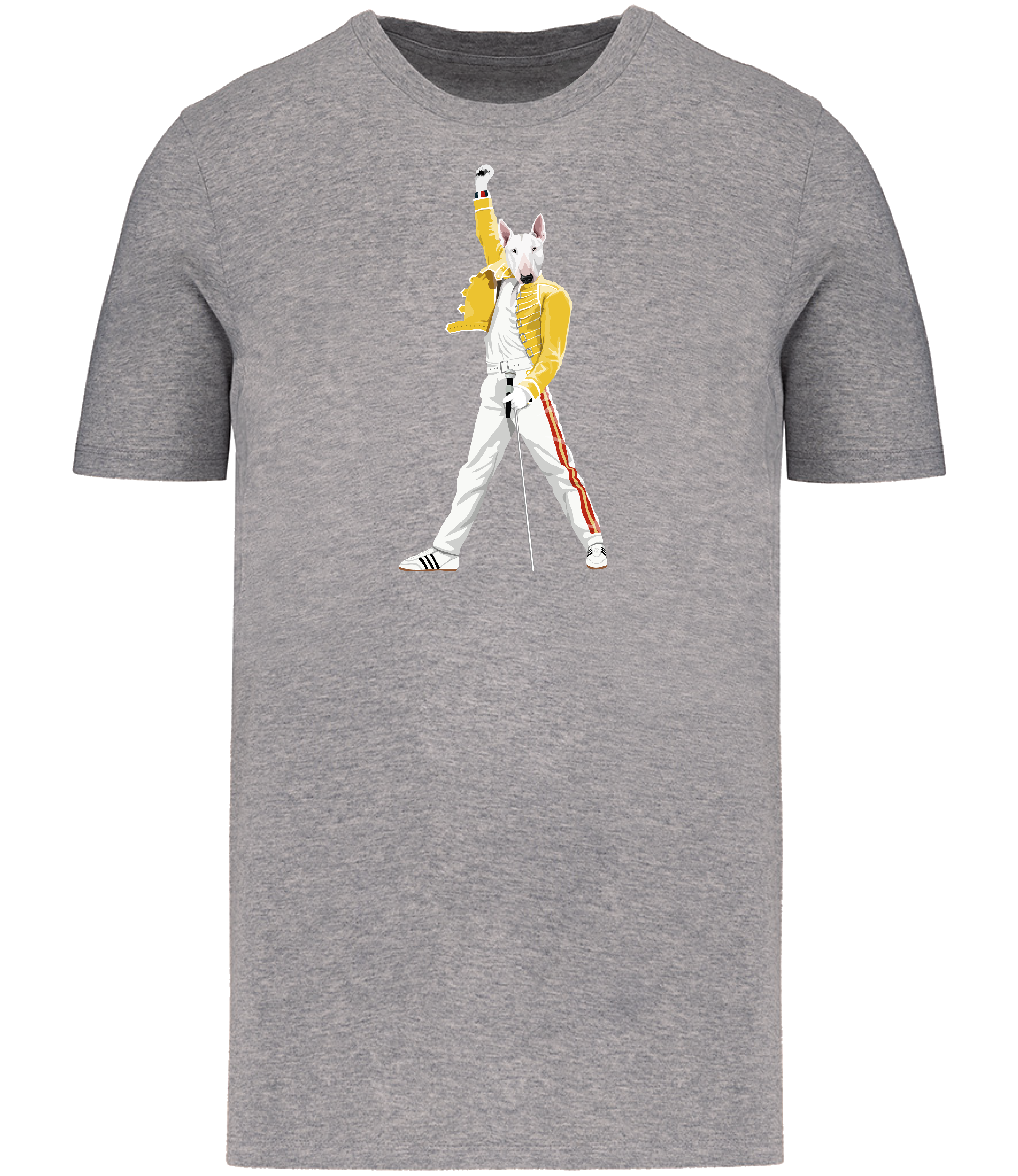 Grey T-shirt printed with an English Bull Terrier Dog Dressed up like the pop Icon Freddie mercury holding a microphone