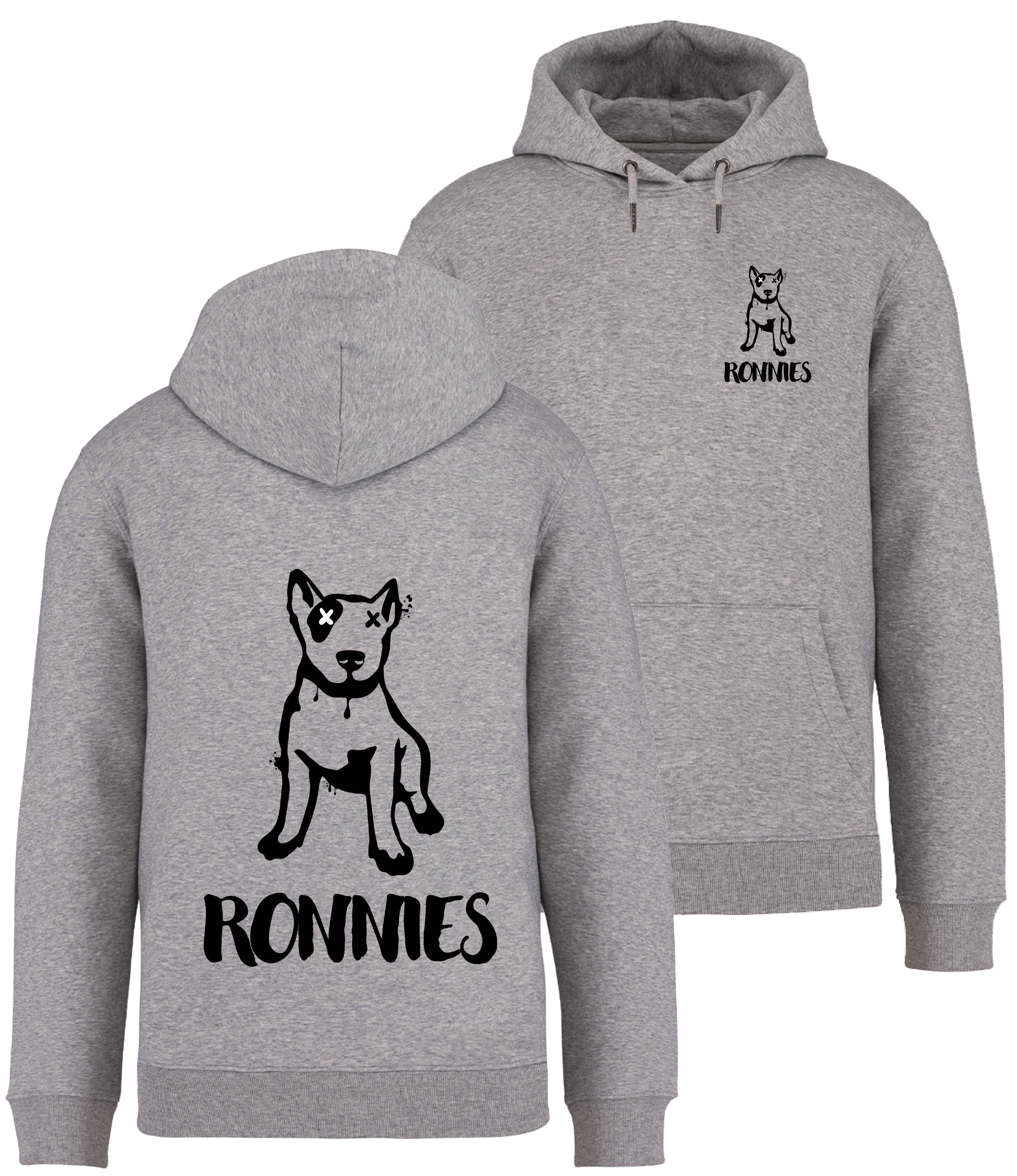 Ronnies Casuals Grey Hoodie printed with a small English bull terrier dog drawing with Ronnies written underneath and the same image on the back much bigger