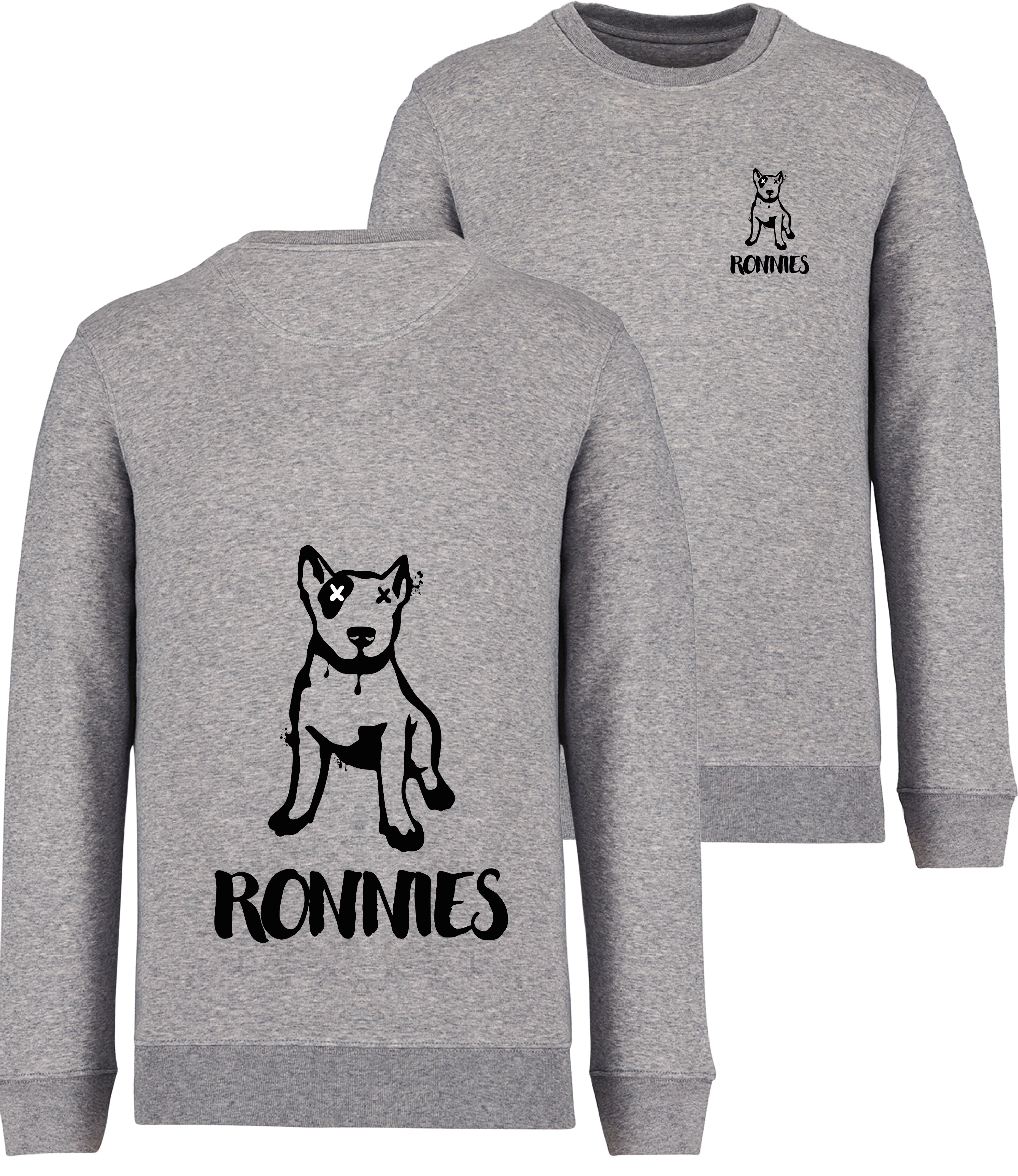 Ronnies Casuals Grey Sweatshirt printed with a small English bull terrier dog drawing with Ronnies written underneath and the same image on the back much bigger