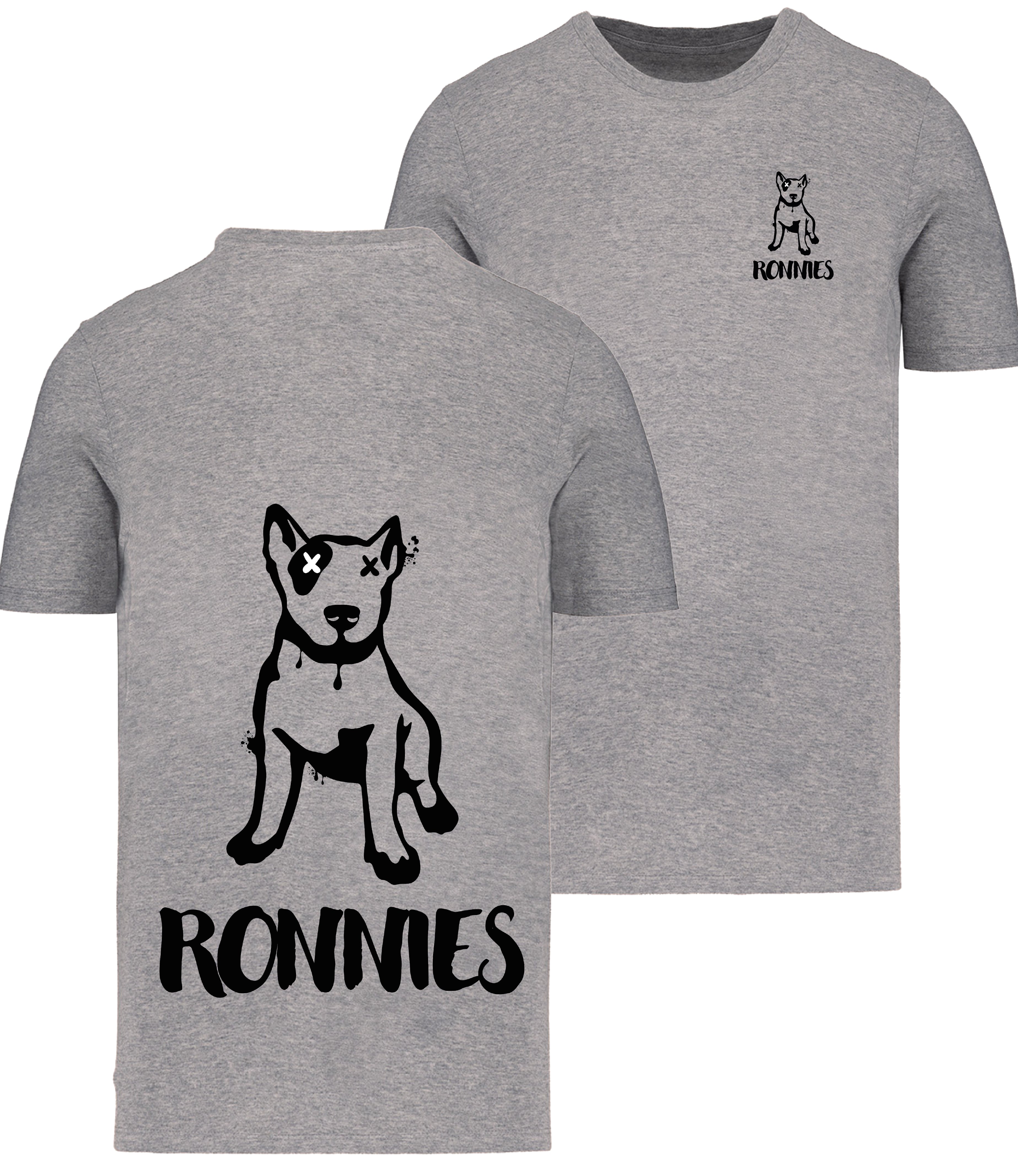 Ronnies Casuals Grey T-Shirt printed with a small English bull terrier dog drawing with Ronnies written underneath and the same image on the back but much bigger