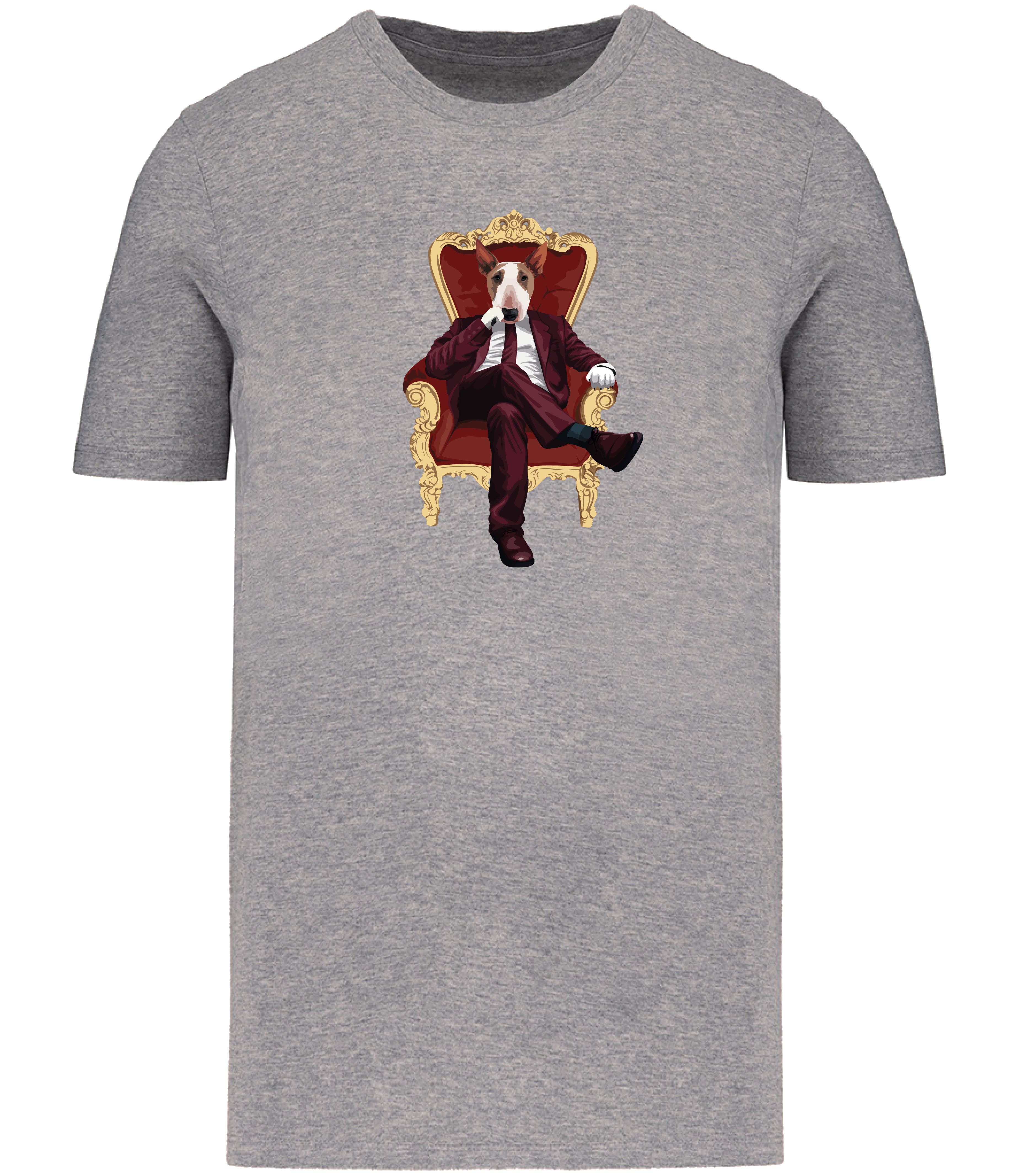 Grey T-shirt printed with and English Bull Terrier Dog wearing a red suit and tie sitting in a big gold and red throne type chair