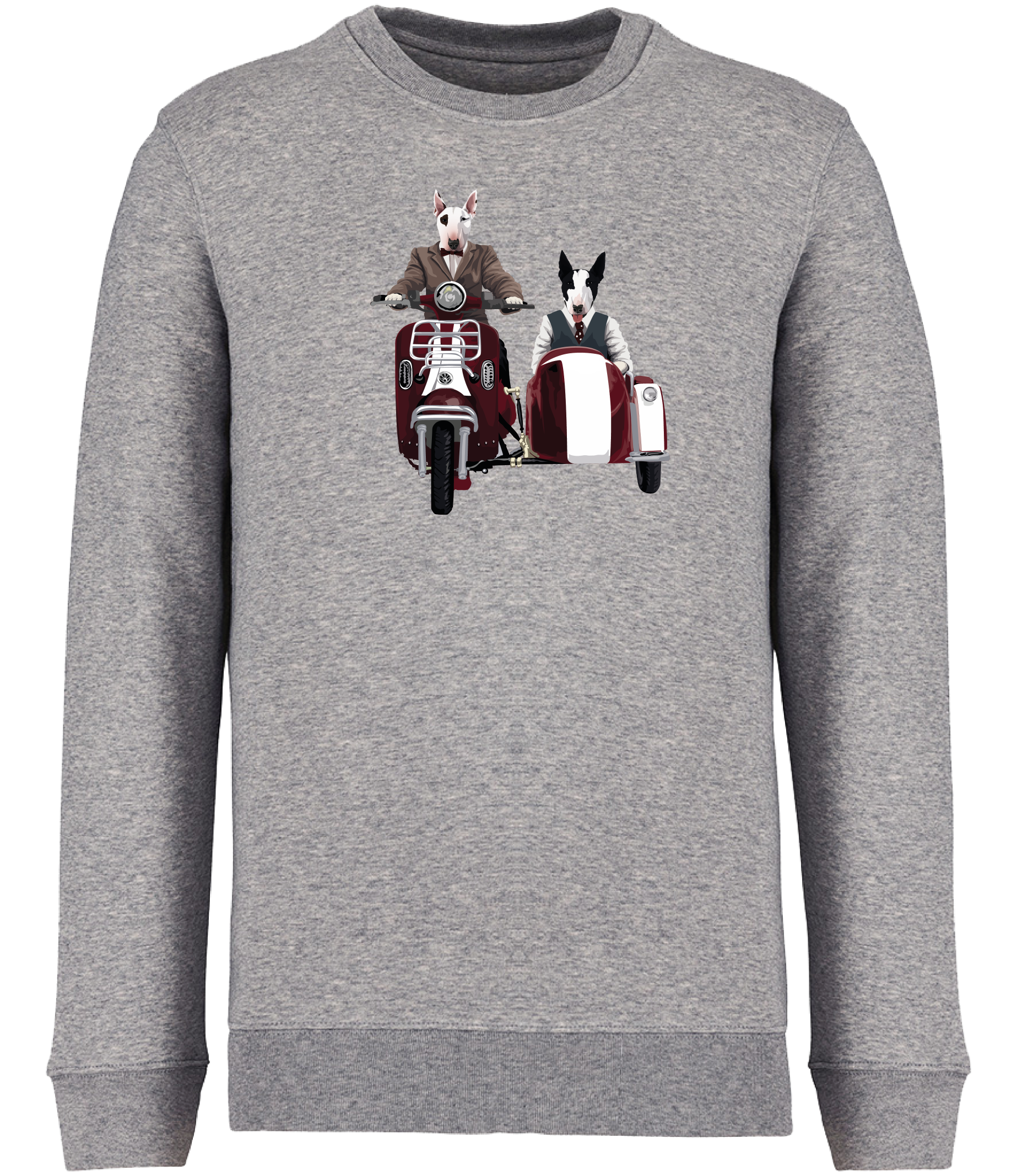 Grey Sweatshirt printed with an English Bull Terrier riding a Motorcycle and side car and another English Bull Terrier riding in the sidecar 