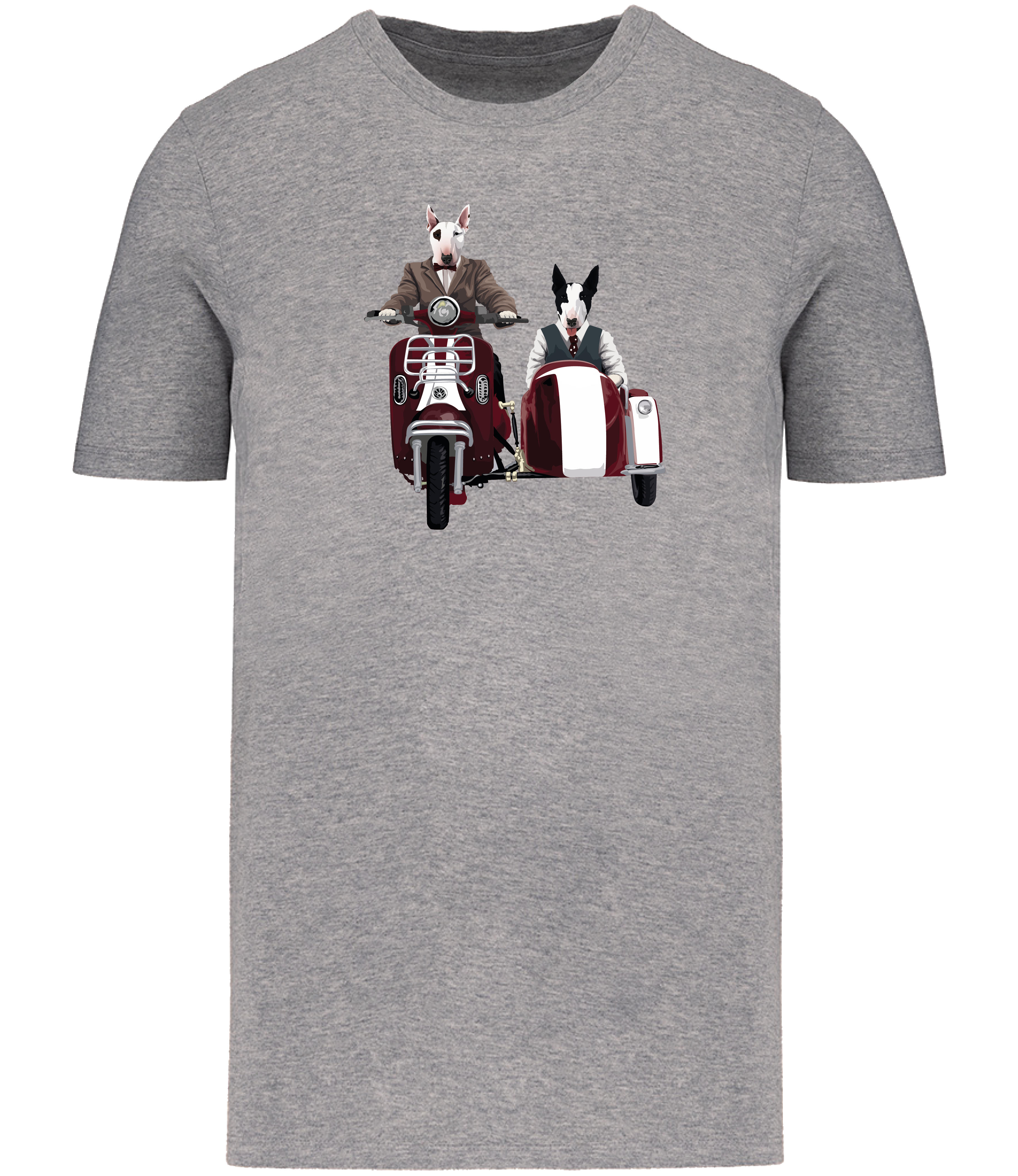 Grey T-shirt printed with an English Bull Terrier riding a Motorcycle and side car and another English Bull Terrier riding in the sidecar 