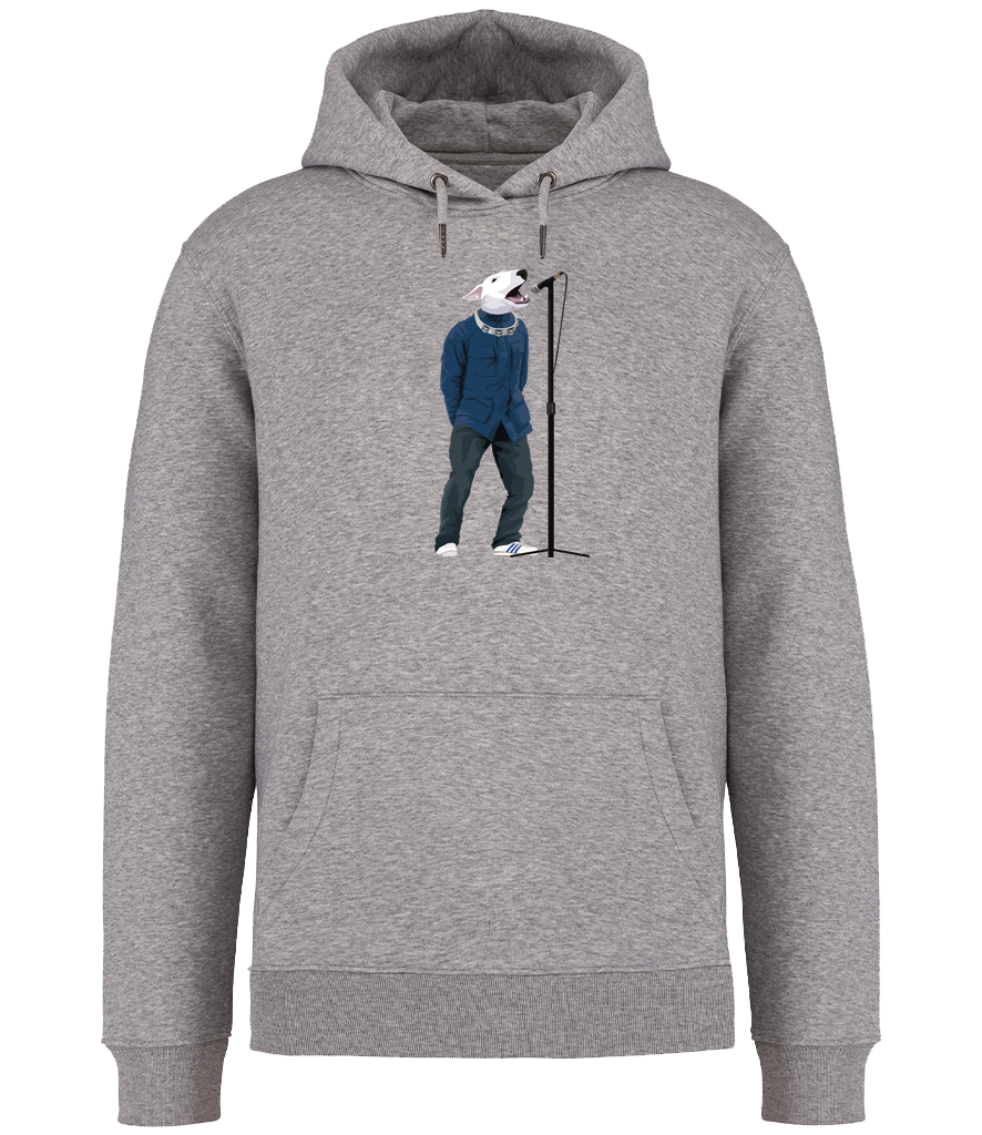 Grey Hoodie printed with an English Bull Terrier Dog wearing a blue jacket, jeans and trainers. A tambourine round his neck singing into a microphone