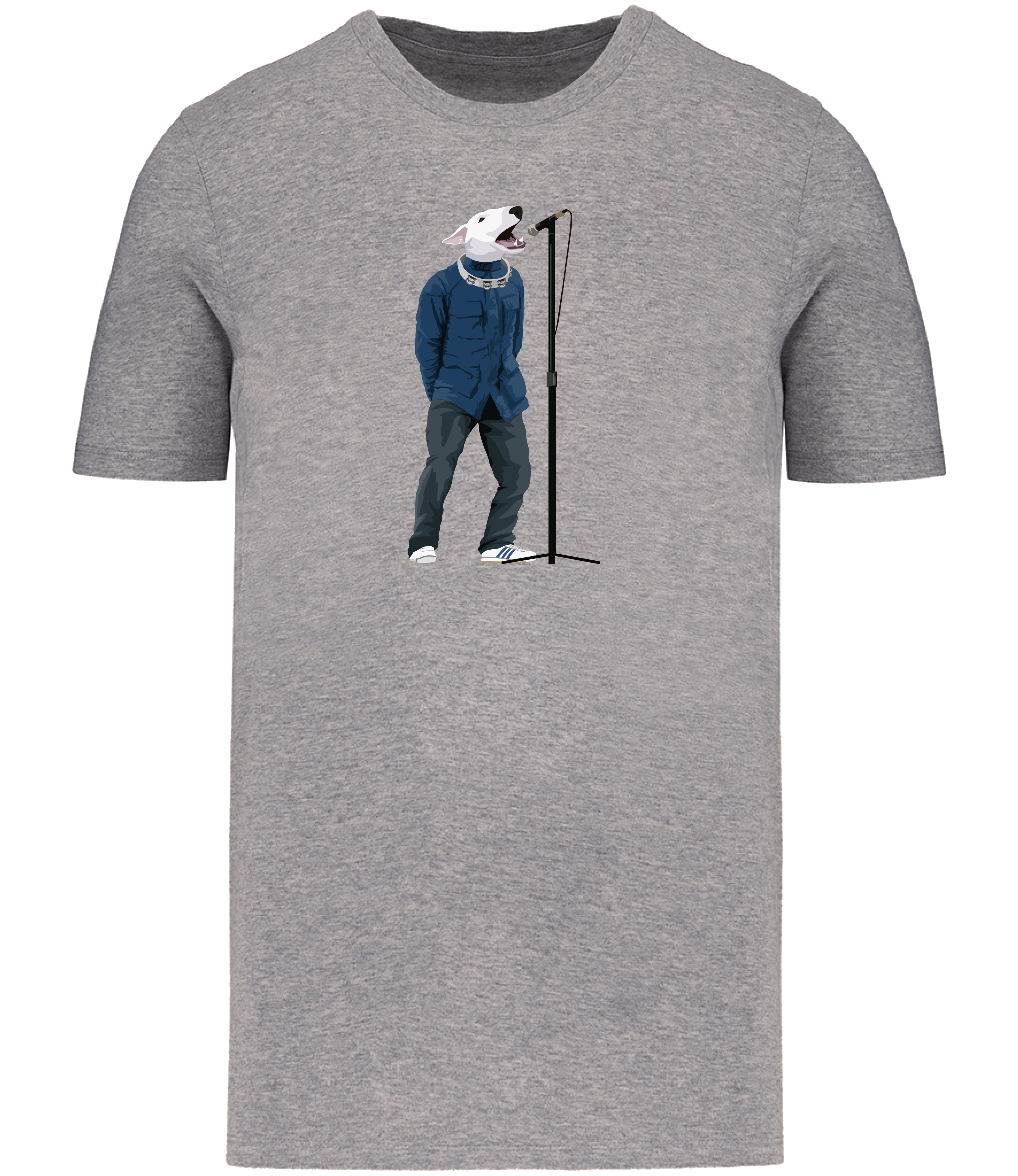 Grey T-shirt printed with an English Bull Terrier Dog wearing a blue jacket, jeans and trainers. A tambourine round his neck singing into a microphone
