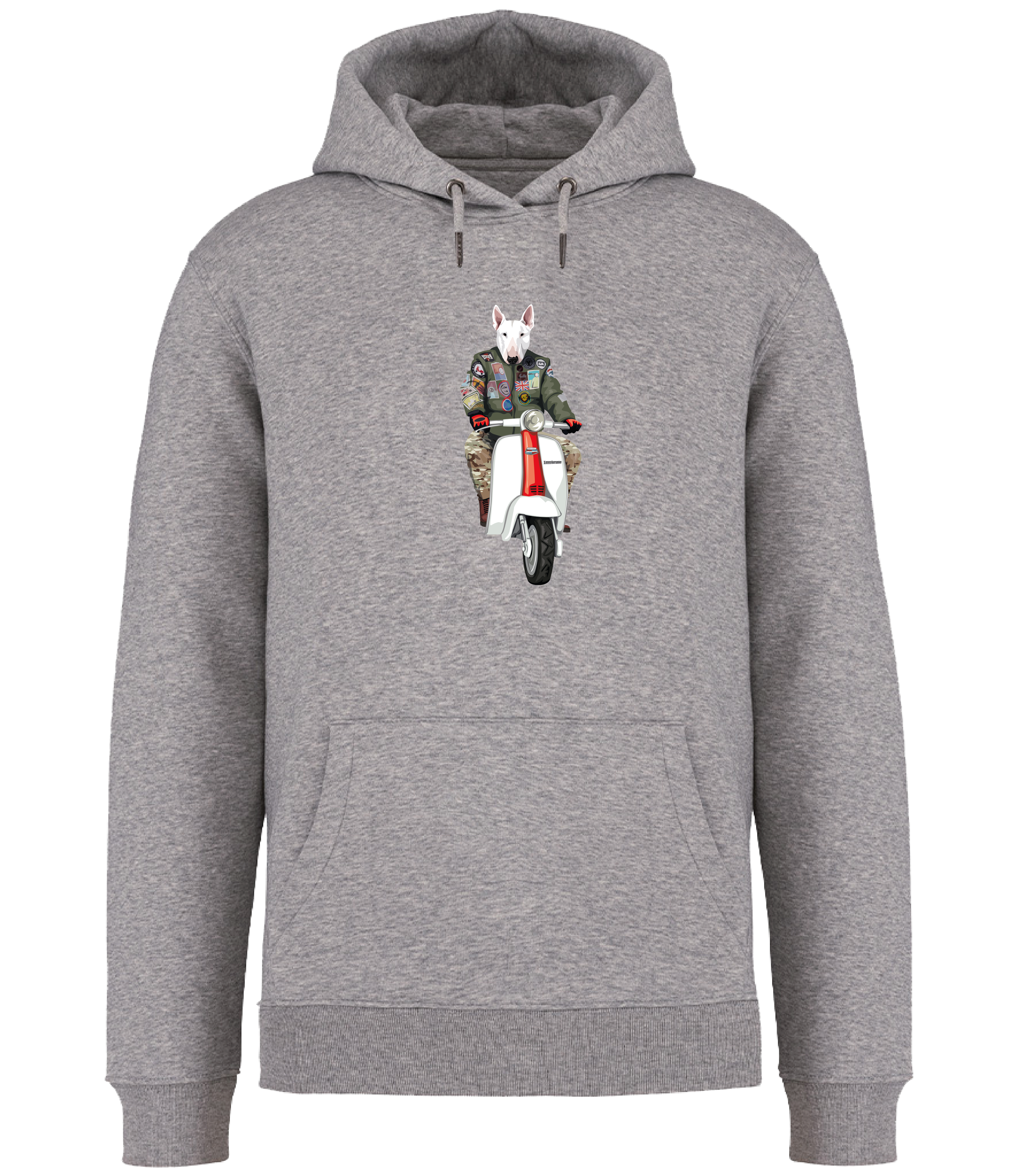 Ronnies Casuals Grey Hoodie printed with an English Bull Terrier Dog wearing a flight jacket riding a Scooter 