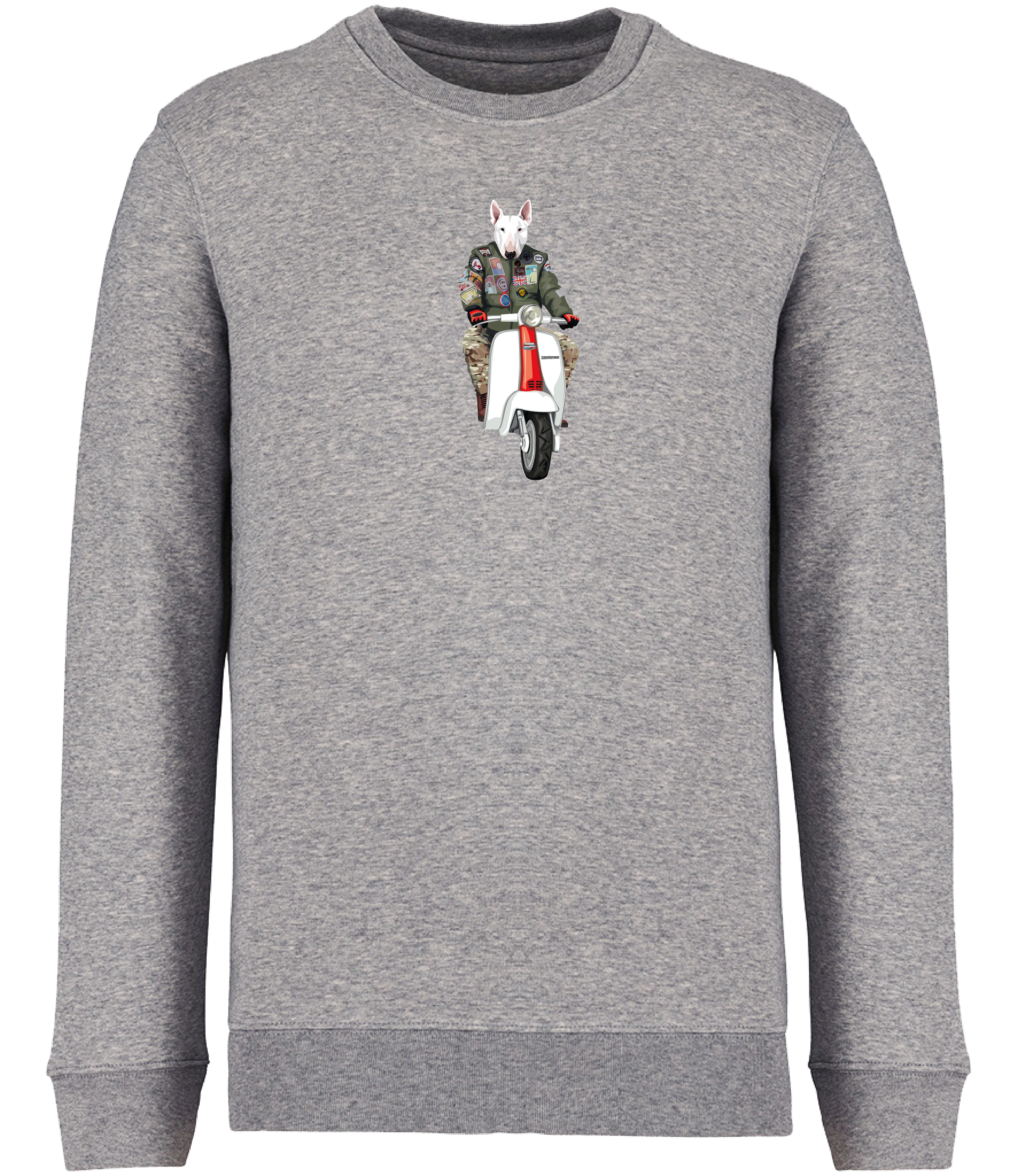 Ronnies Casuals Grey Sweatshirt printed with an English Bull Terrier Dog wearing a flight jacket riding a Scooter 