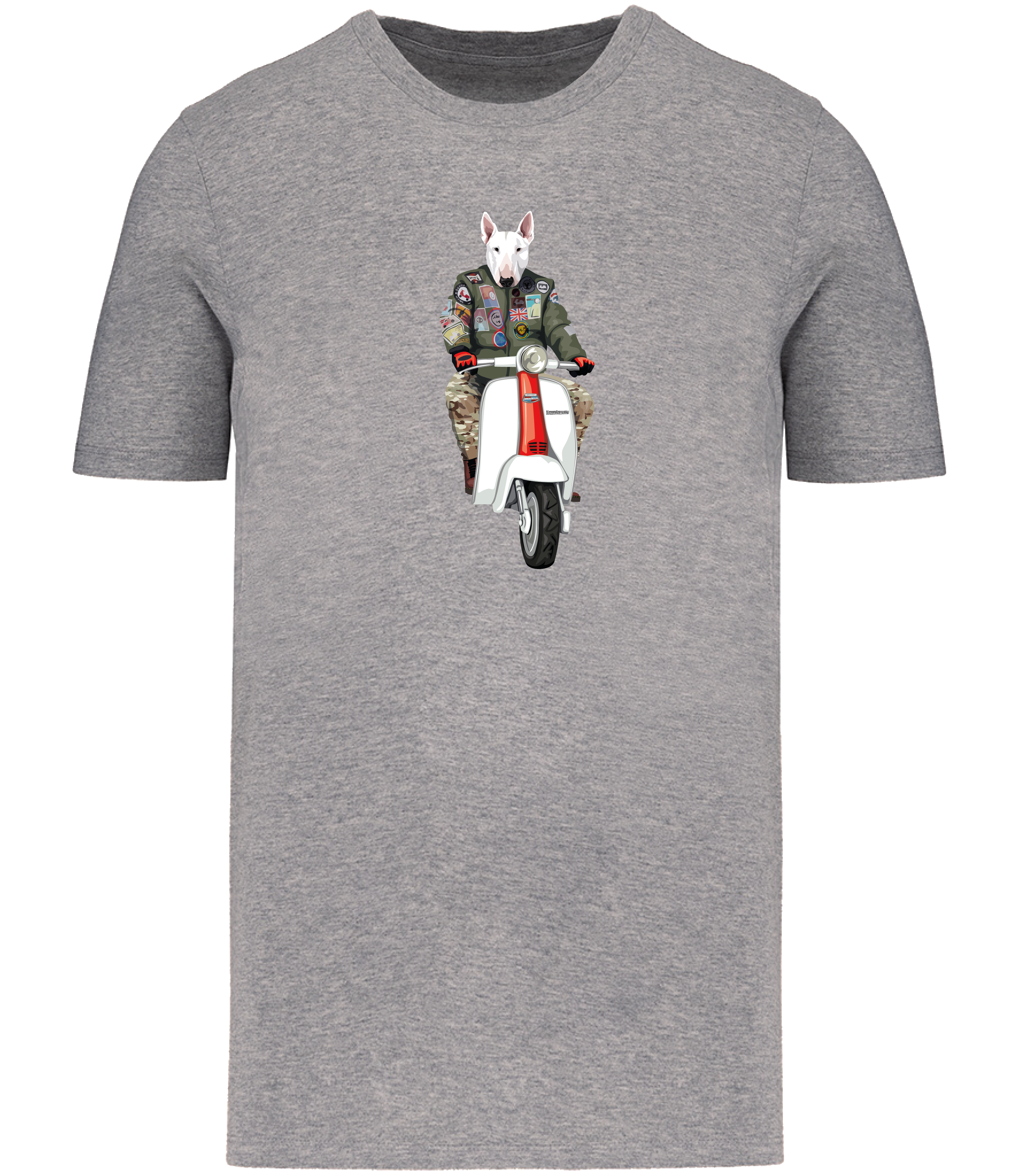 Grey T-shirt printed with an English Bull Terrier Dog wearing a flight jacket riding a Scooter 