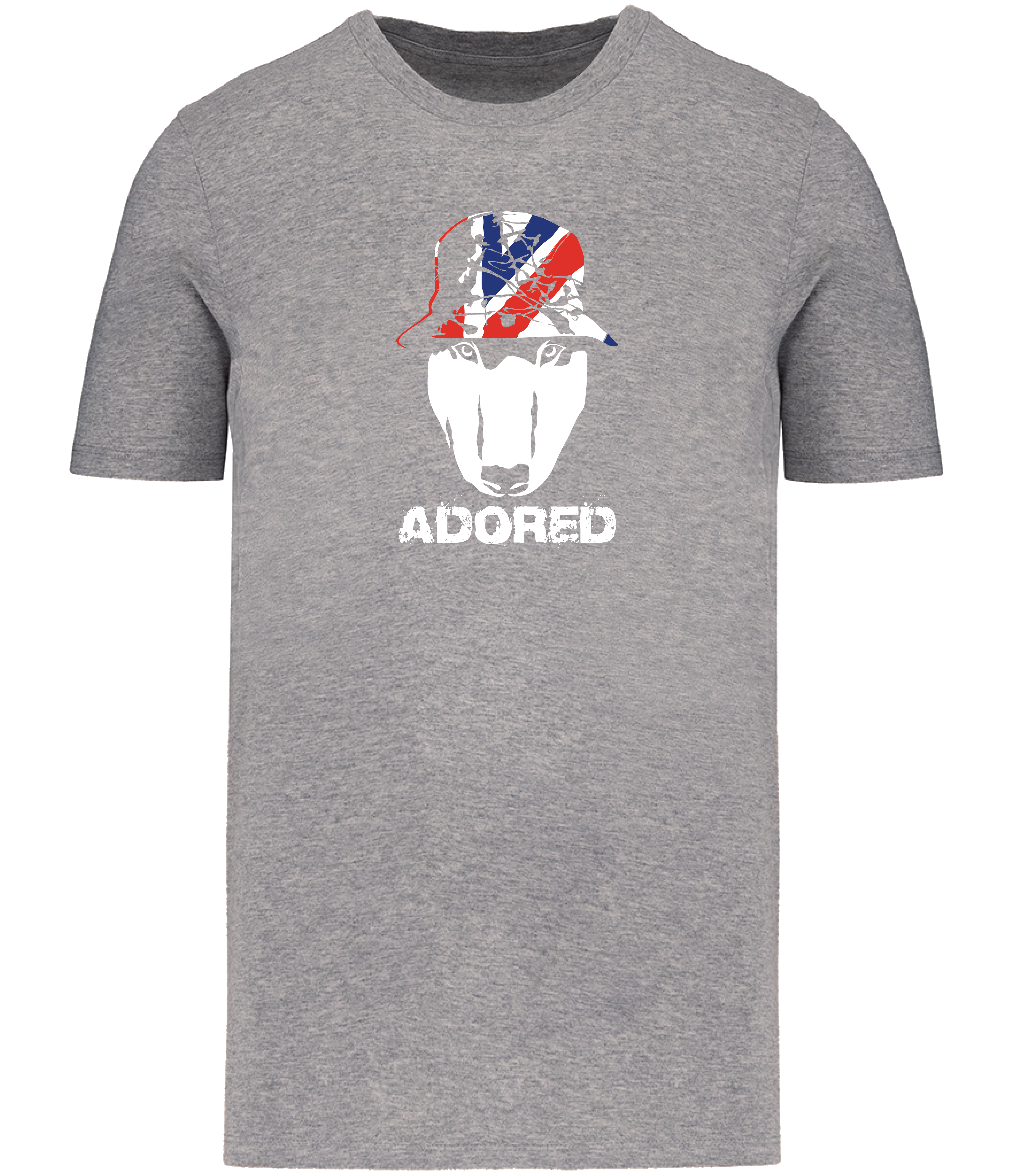 Grey colour t-shirt with short sleeves and a crew neckline featuring an English Bull Terrier face design wearing a union jack hat and the word Adored underneath