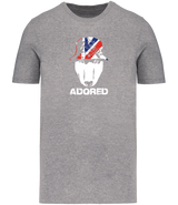 Grey colour t-shirt with short sleeves and a crew neckline featuring an English Bull Terrier face design wearing a union jack hat