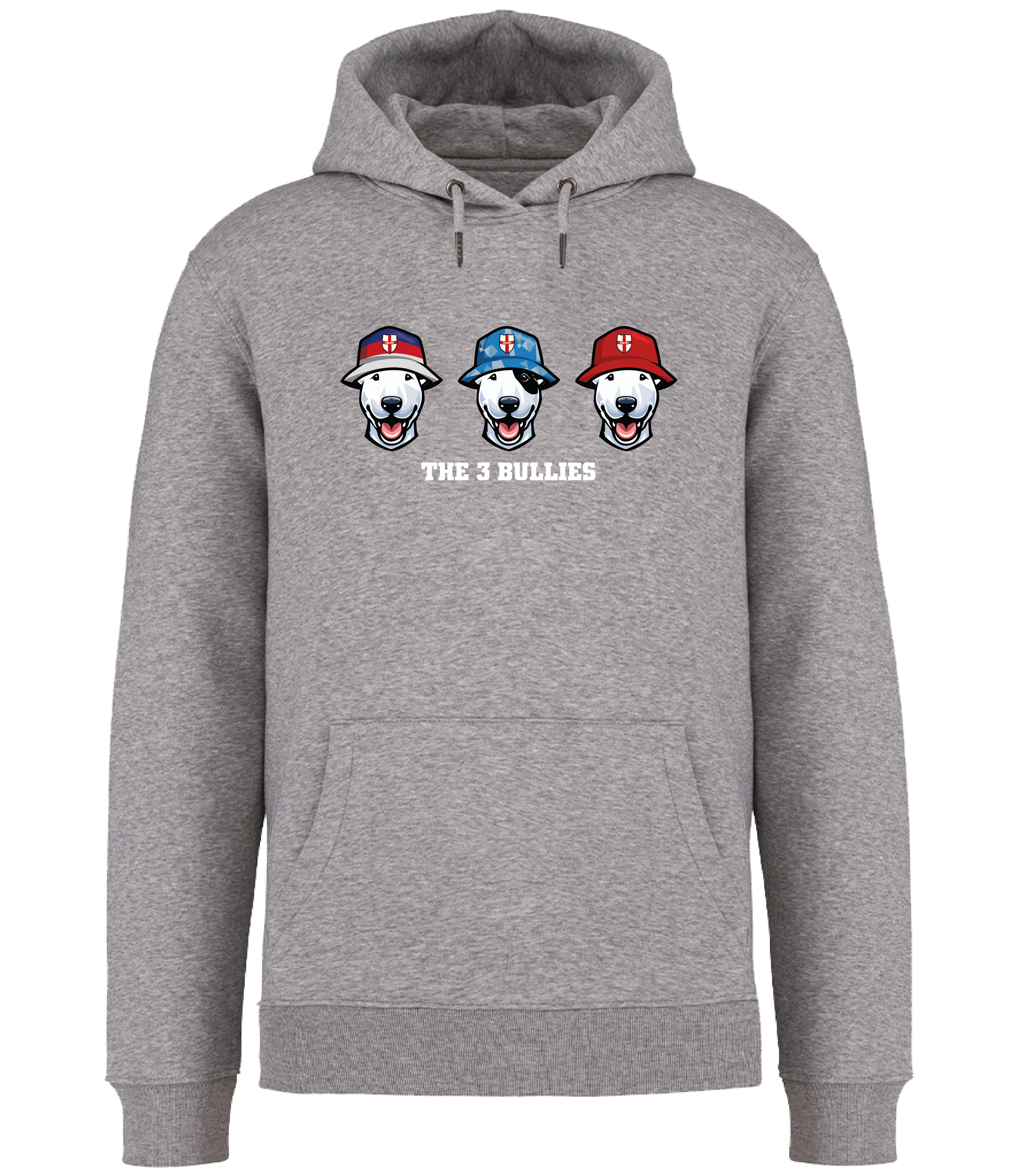 Grey Hoodie printed by Ronnies Casuals with 3 English Bull Terrier Heads wearing Bucket hats decorated with St Georges flags and The 3 Bullies written underneath