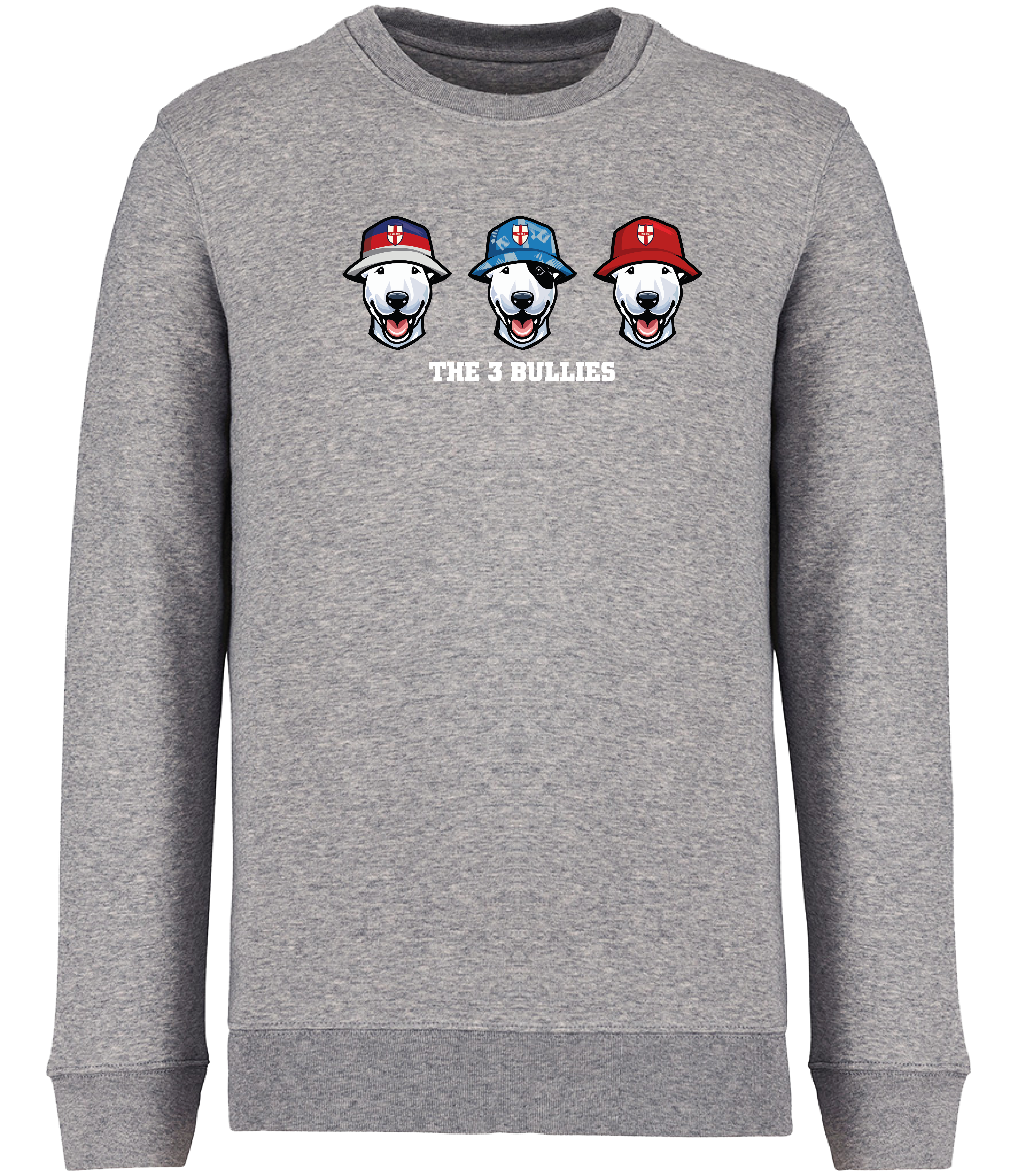 Ronnies Casuals Grey Sweatshirt printed with 3 English Bull Terrier Heads wearing Bucket hats decorated with St Georges flags and The 3 Bullies written underneath