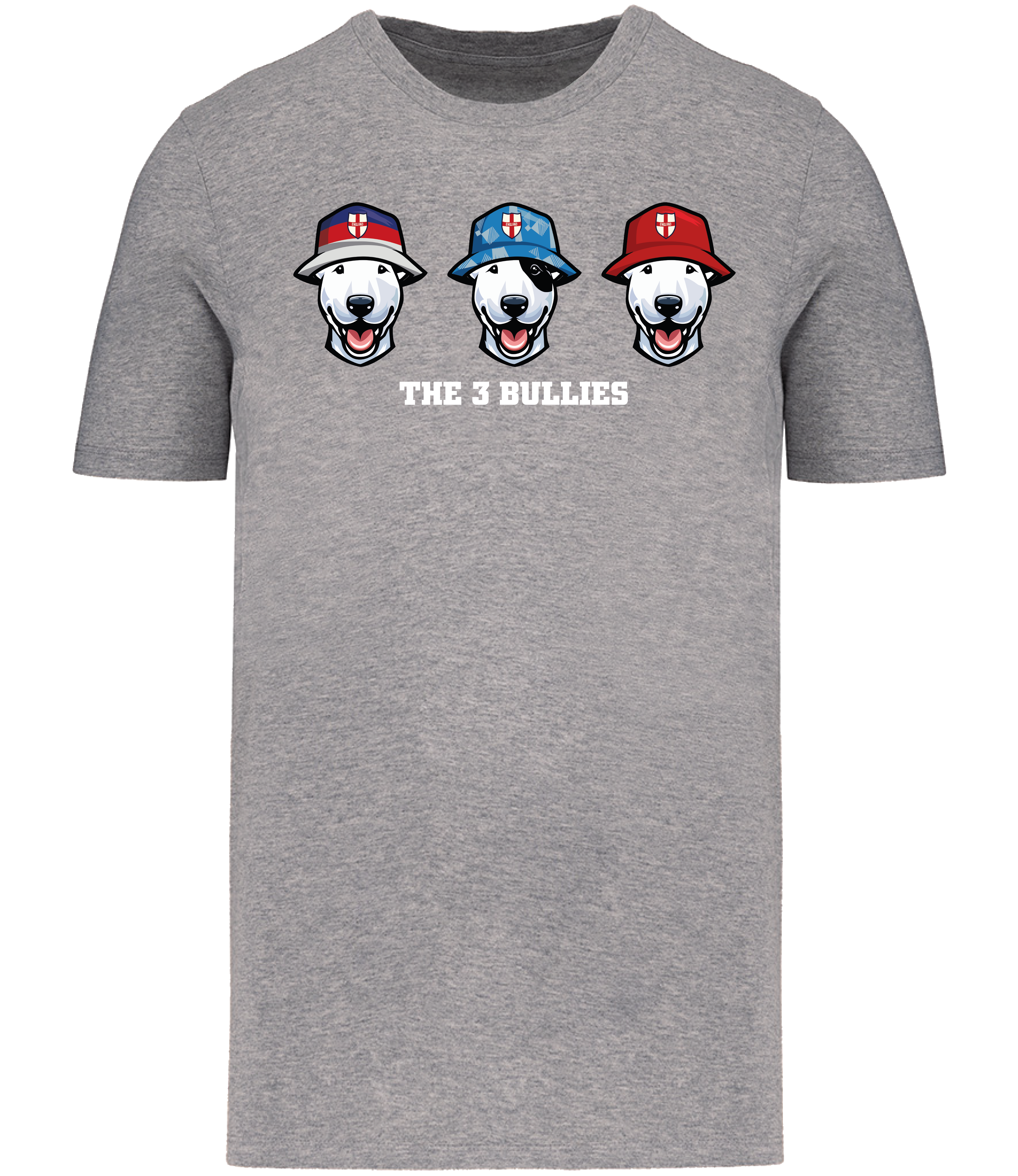 Grey T-shirt printed with 3 English Bull Terrier Heads wearing Bucket hats decorated with St Georges flags and The 3 Bullies written underneath