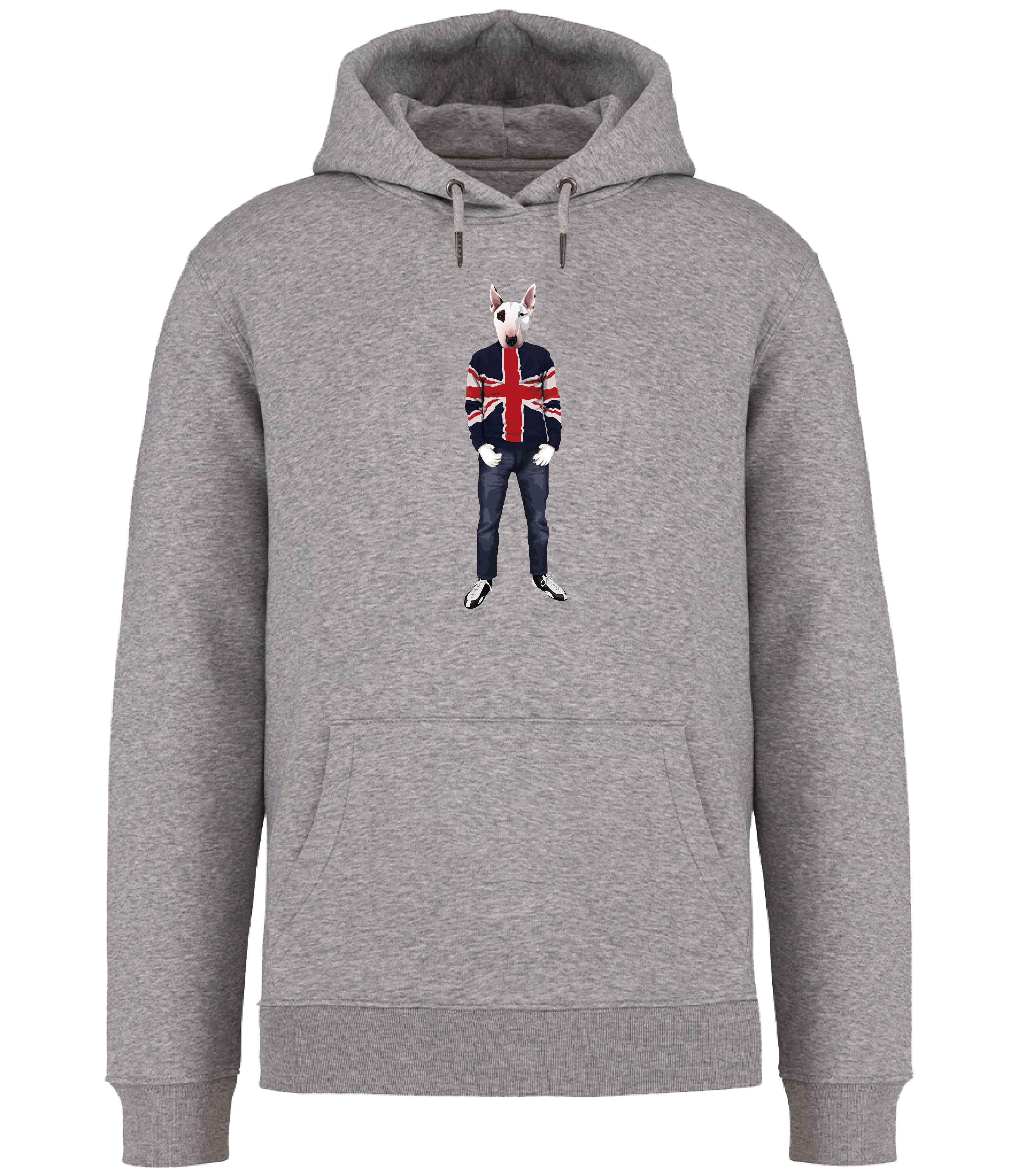 Grey Hoodie printed with an English Bull Terrier Dog with an eye patch wearing a Union Jack jumper, jeans and trainers