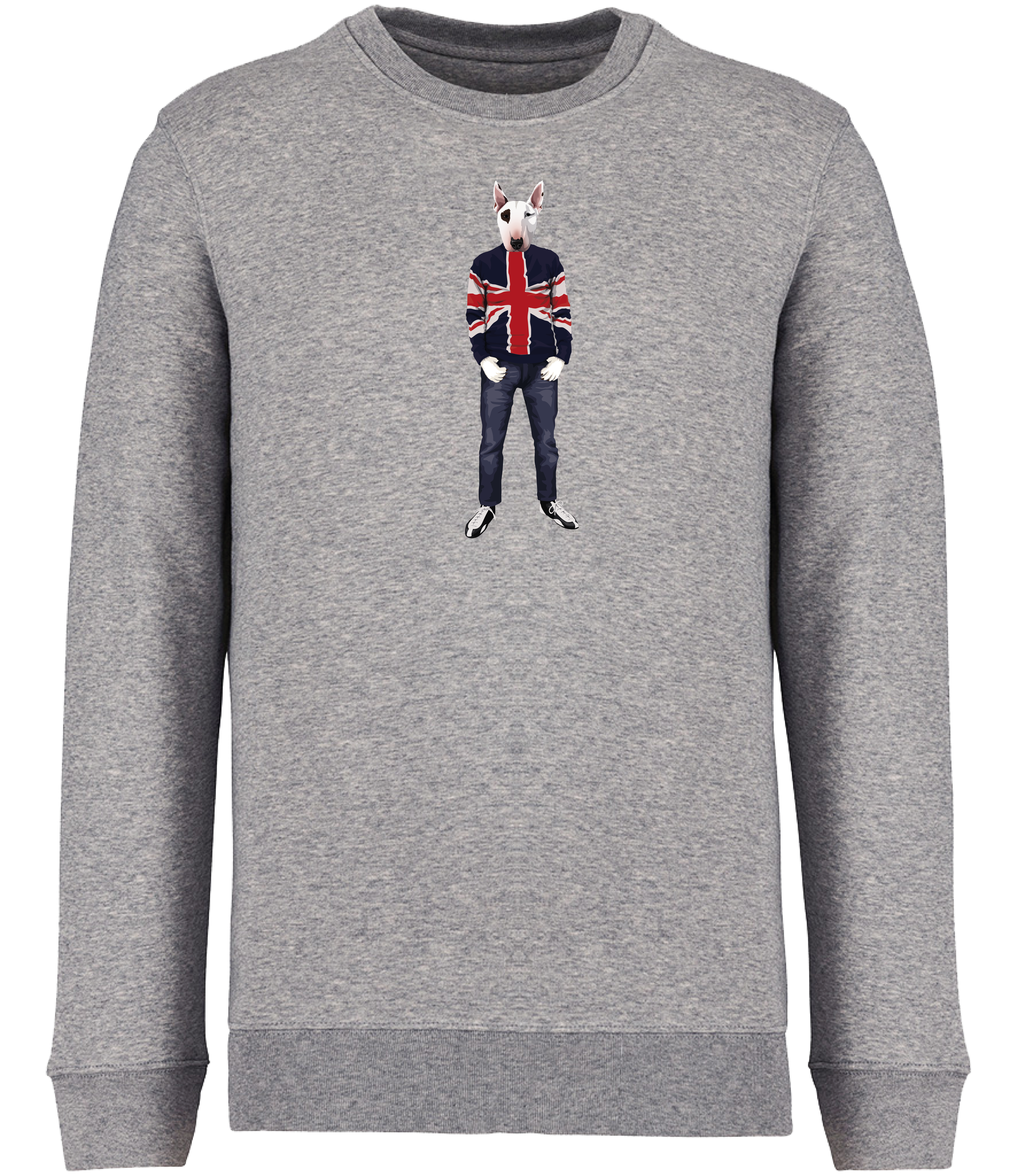 Grey Sweatshirt printed with an English Bull Terrier Dog with an eye patch wearing a Union Jack jumper, jeans and trainers