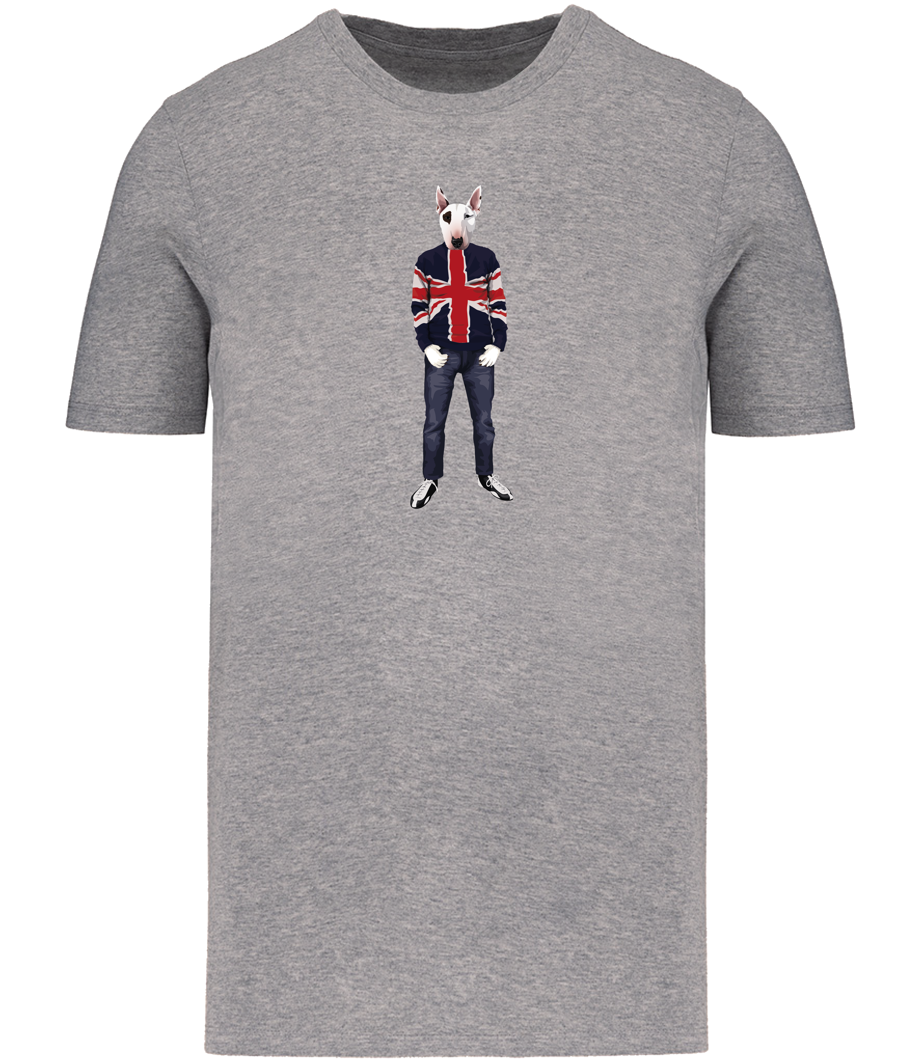 Grey T-shirt printed with an English Bull Terrier Dog with an eye patch wearing a Union Jack jumper, jeans and trainers