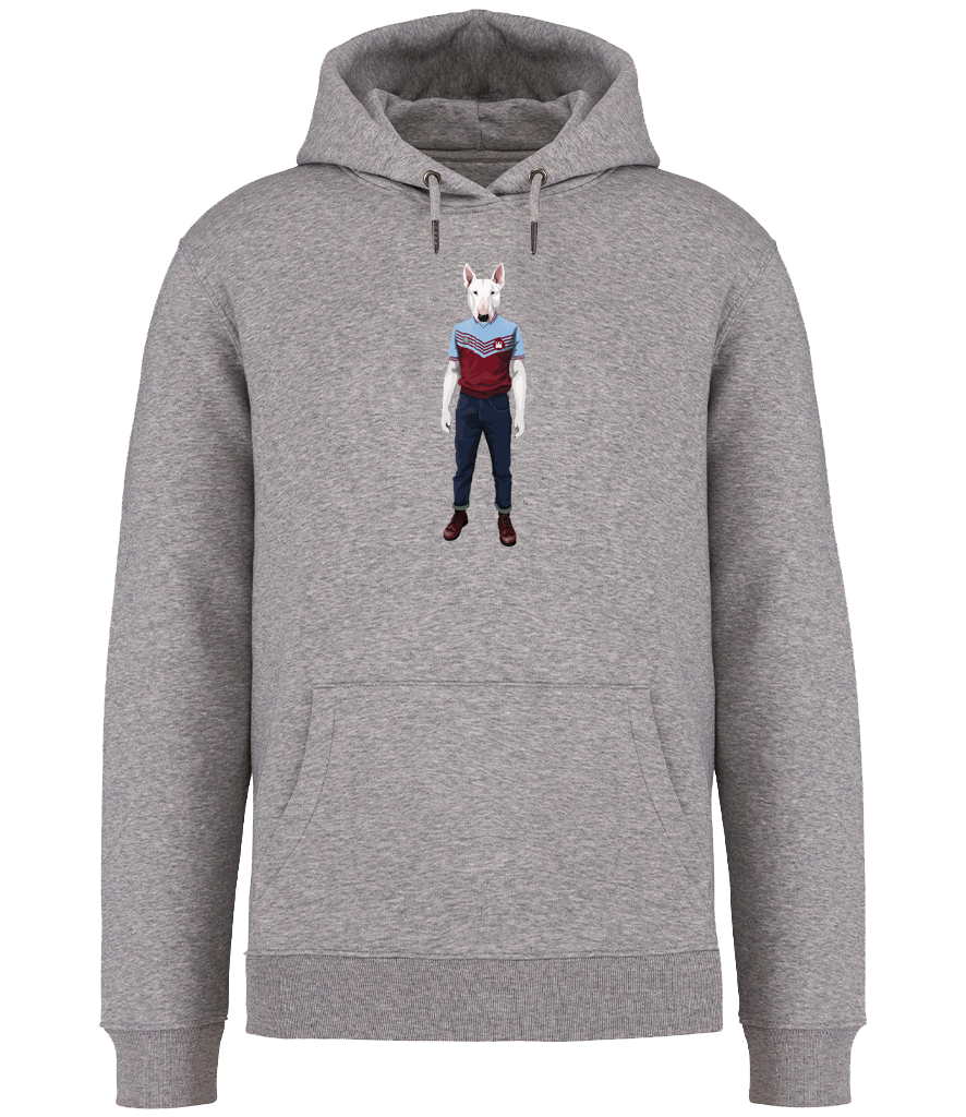 Grey Hoodie printed with an English Bull Terrier Dog wearing a West Ham Football Top, Jeans and Boots