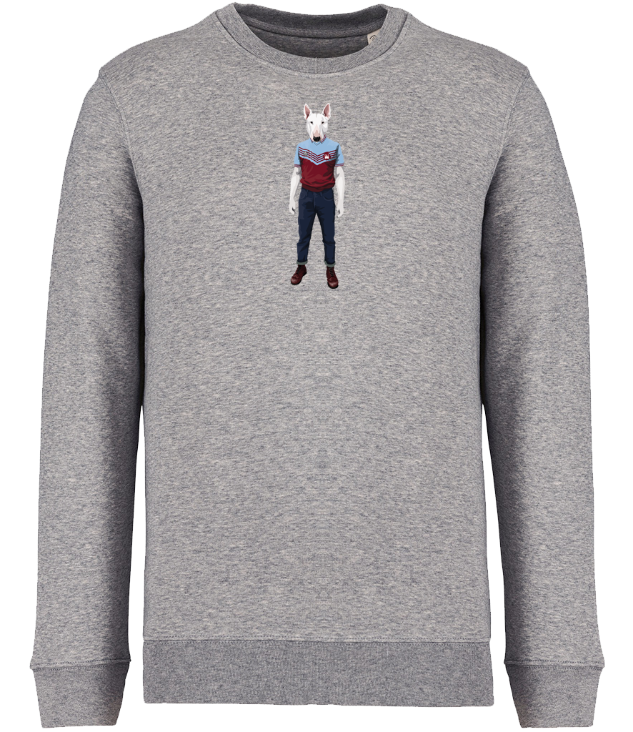Grey Sweatshirt printed with an English Bull Terrier Dog wearing a West Ham Football Top, Jeans and Boots