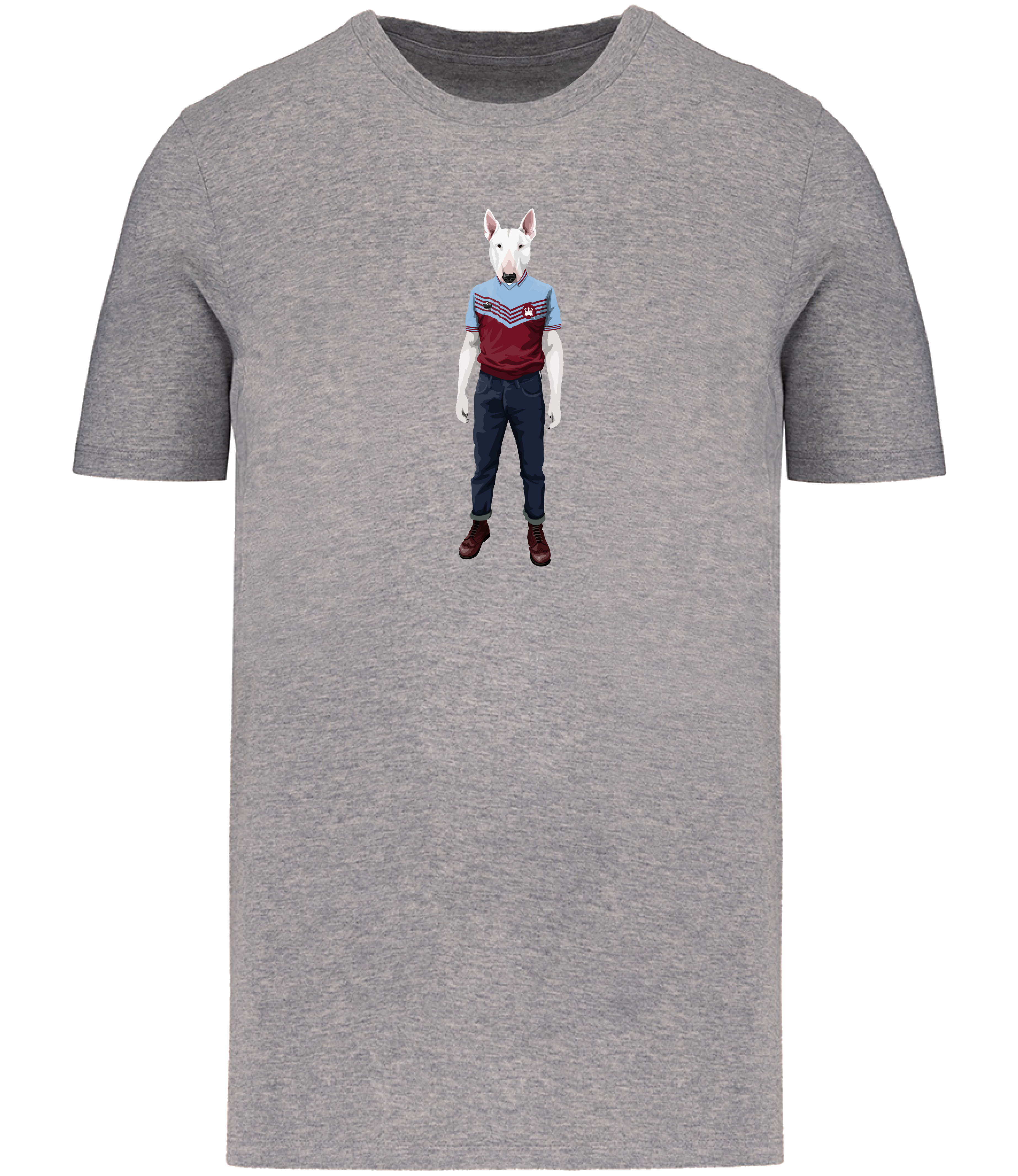 Grey T-shirt printed with an English Bull Terrier Dog wearing a West Ham Football Top, Jeans and Boots