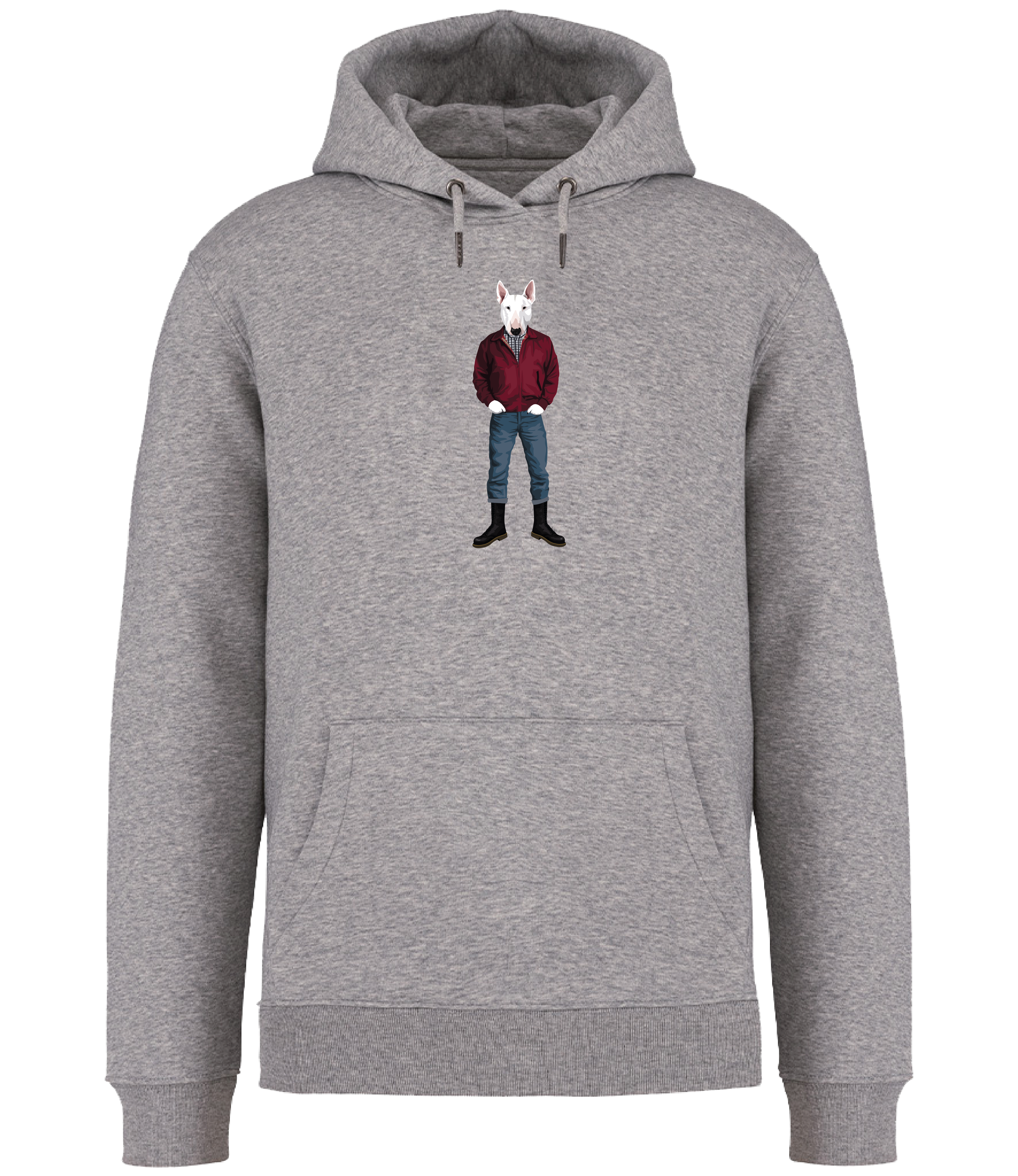 Grey Hoodie printed with an English Bull Terrier Dog wearing a red jacket, rolled up jeans and boots