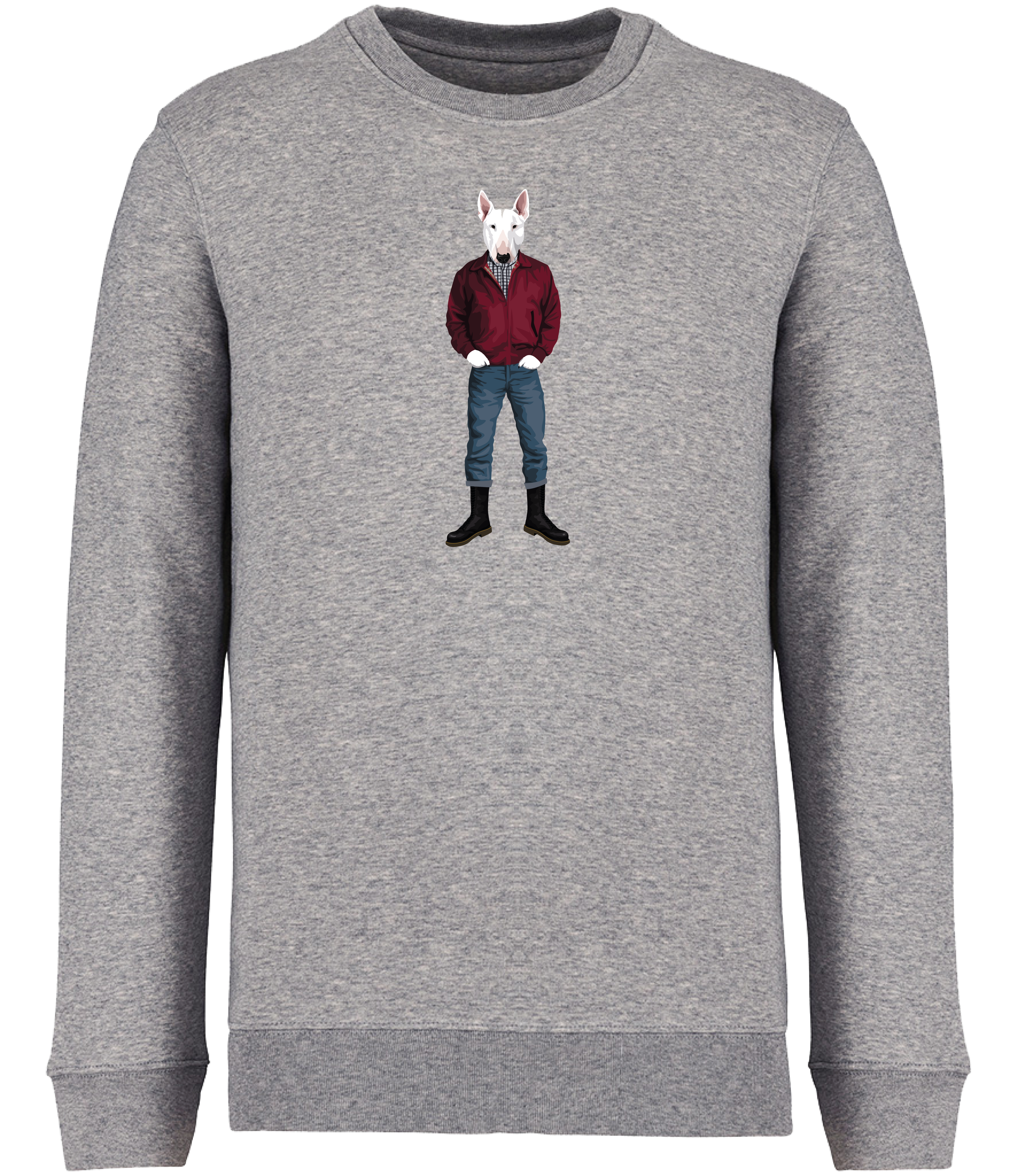 Grey Sweatshirt printed with an English Bull Terrier Dog wearing a red jacket, rolled up jeans and boots