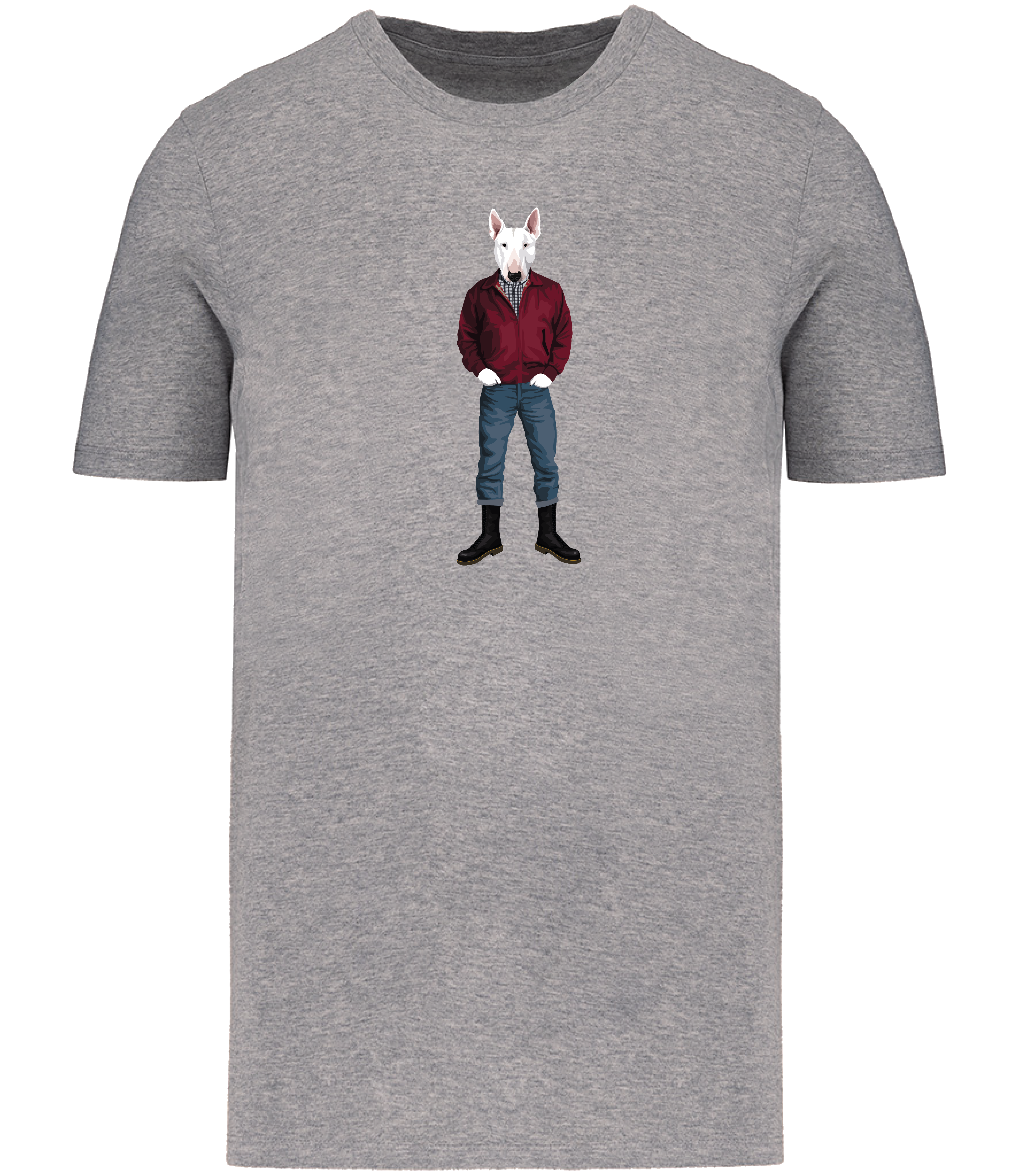 Grey T-shirt printed with an English Bull Terrier Dog wearing a red jacket, rolled up jeans and boots