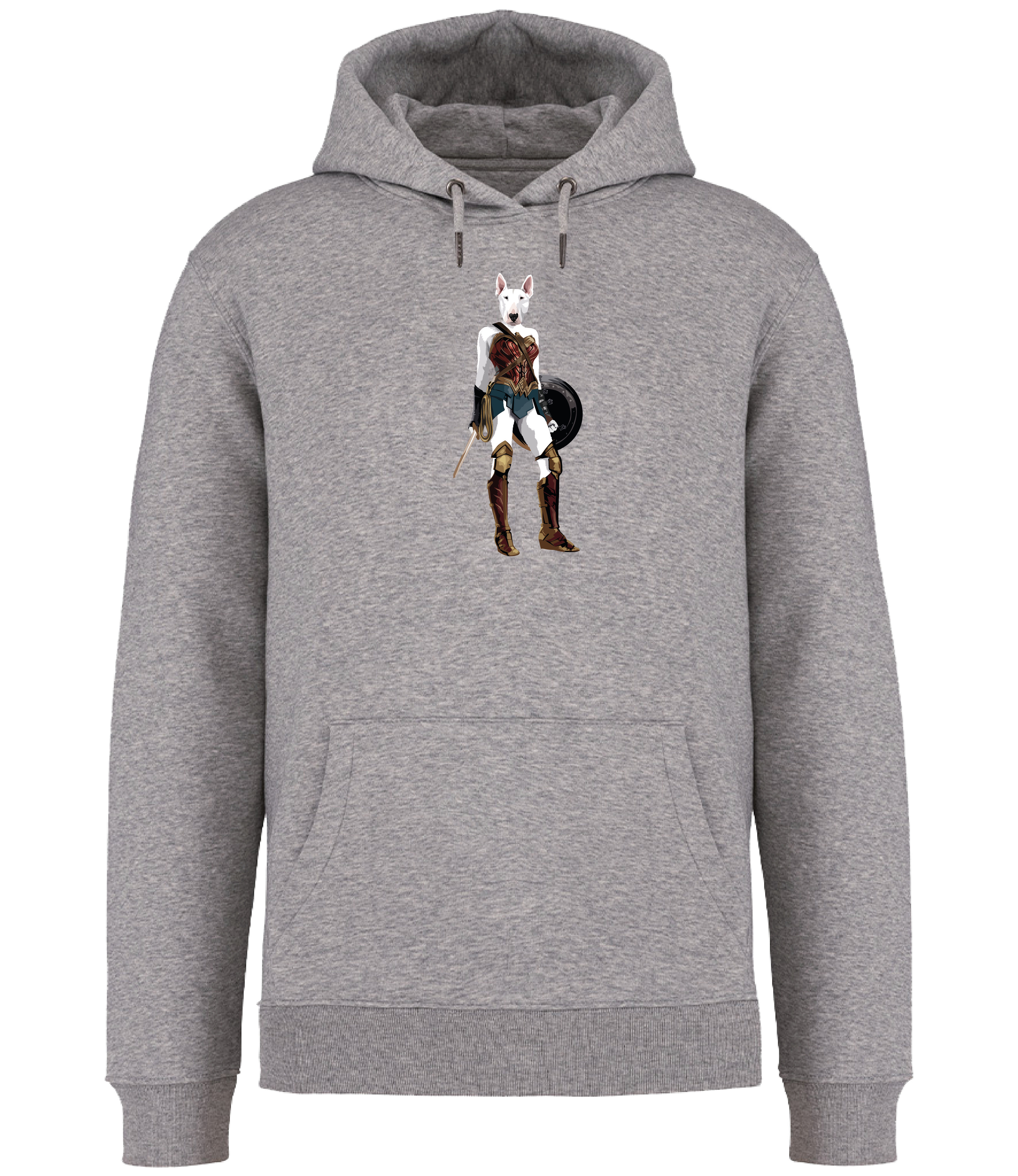 Grey Hoodie printed with an English Bull Terrier Dog dressed up as Wonder Woman holding a shield and sword