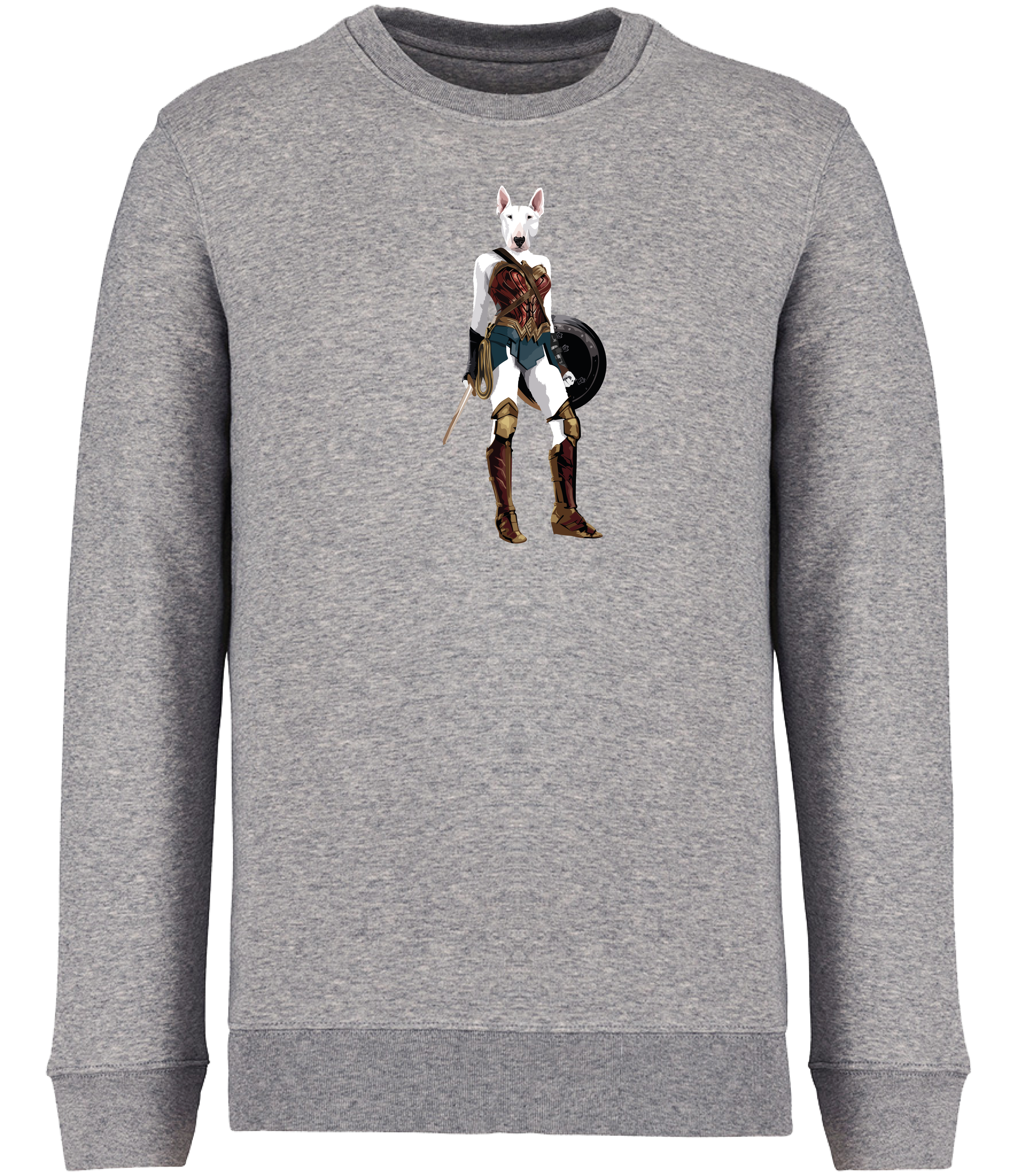 Grey Sweatshirt printed with an English Bull Terrier Dog dressed up as Wonder Woman holding a shield and sword