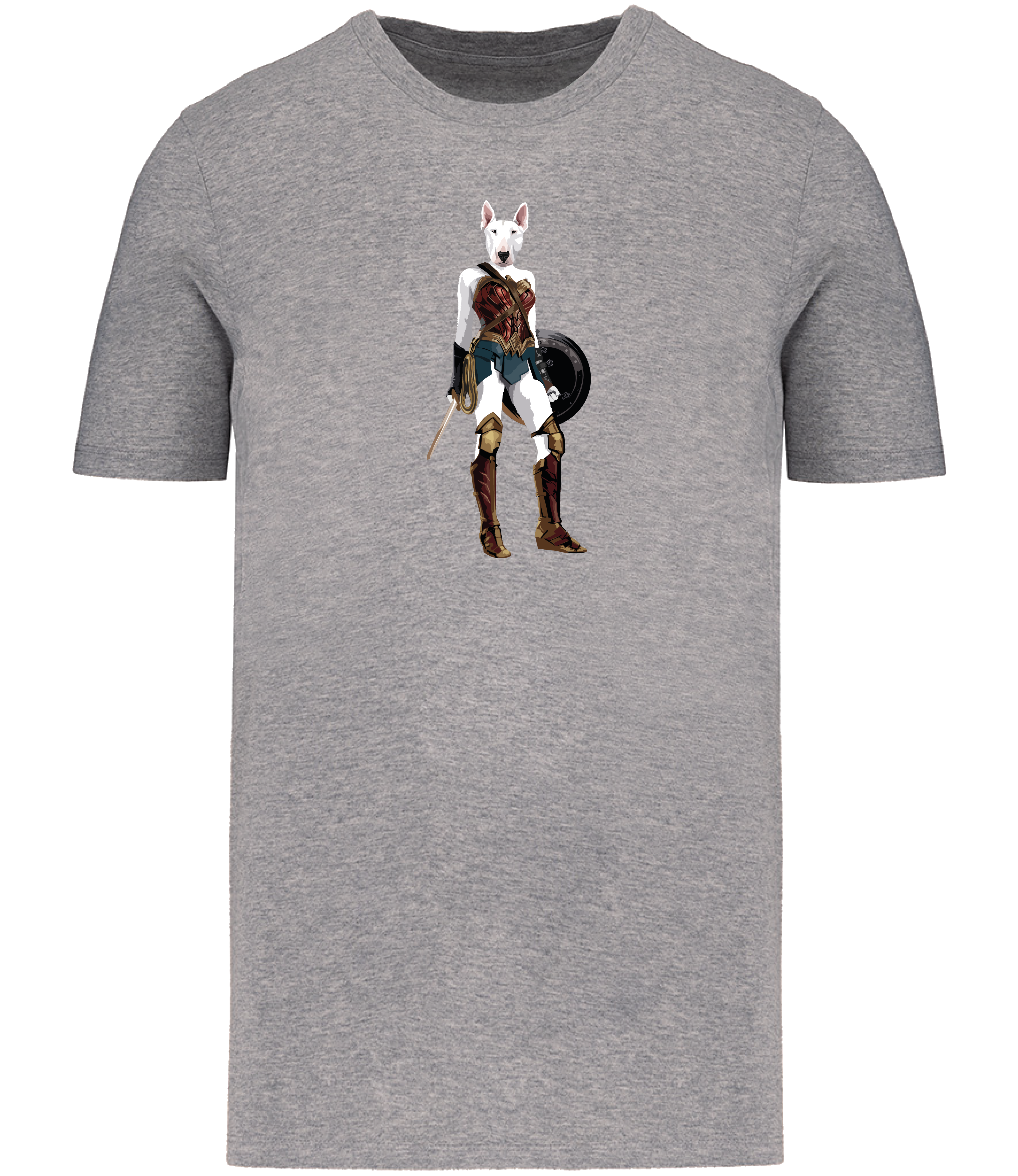 Ronnies Casuals Grey T-shirt printed with an English Bull Terrier Dog dressed up as Wonder Woman holding a shield and sword from 