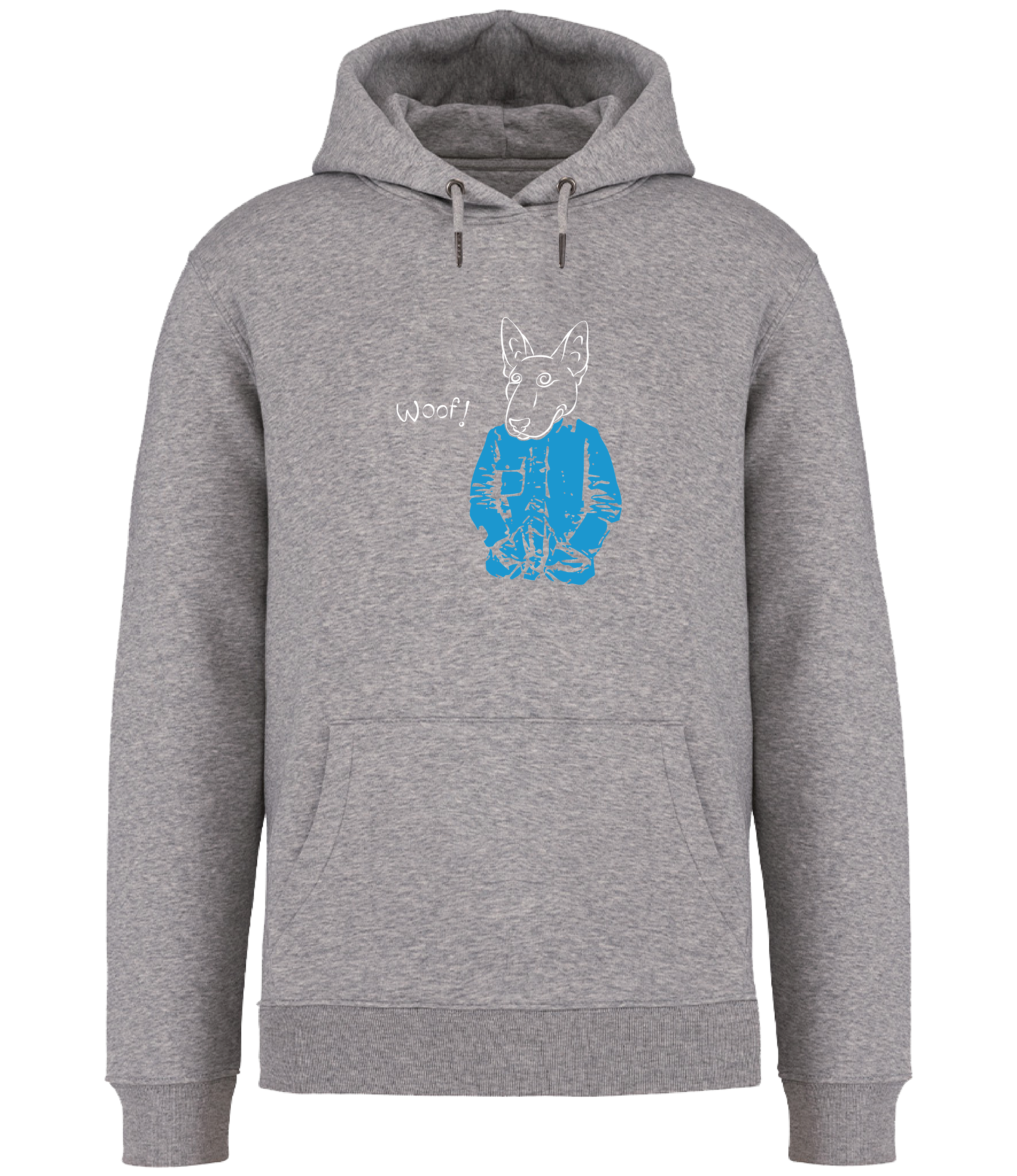 Grey Hoodie from Ronnies Casuals printed with a drawing of an English Bull Terrier Dog wearing a blue jacket and the word woof 