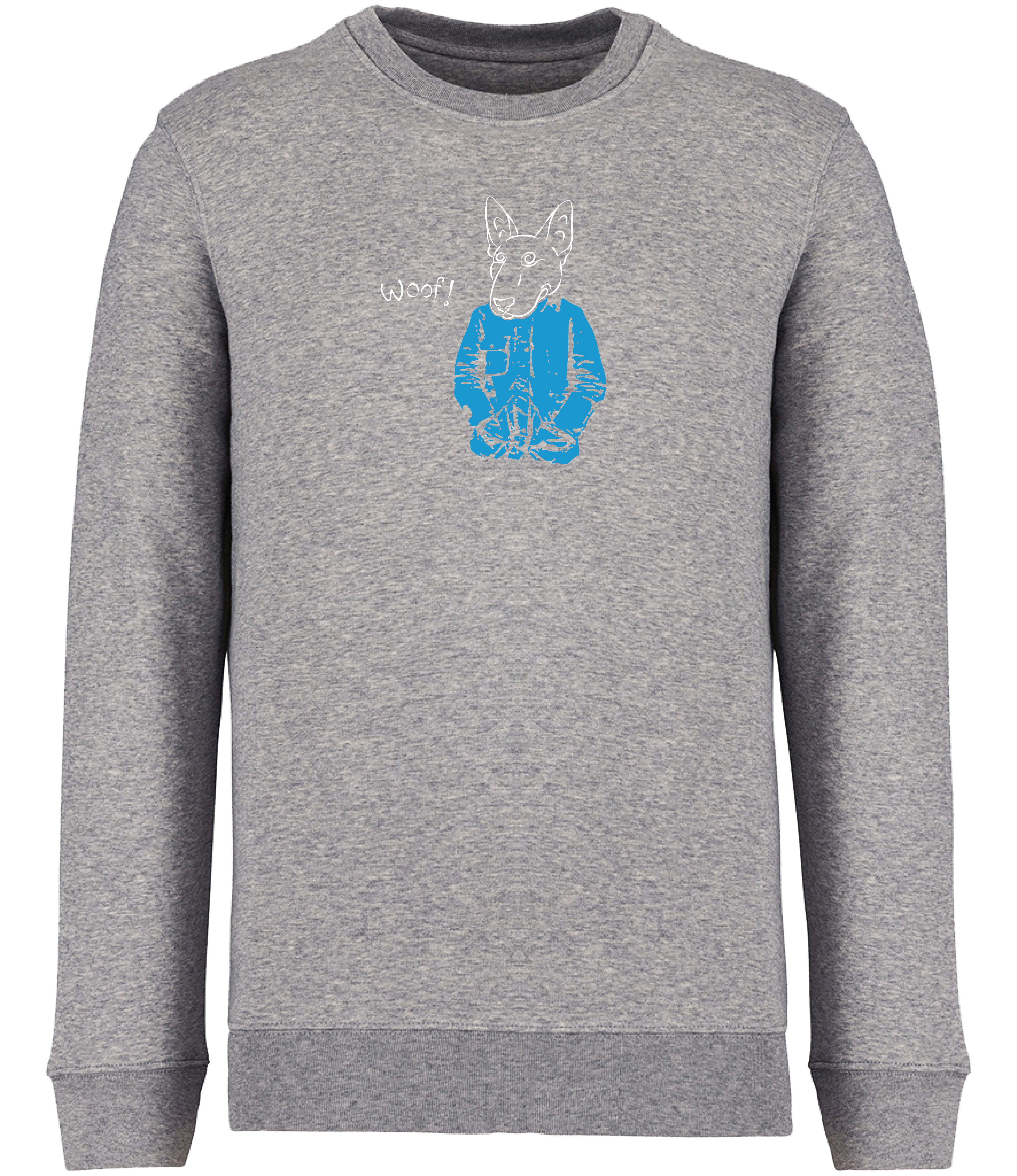 Ronnies Casuals Grey Sweatshirt printed with a drawing of an English Bull Terrier Dog wearing a blue jacket and the word woof 