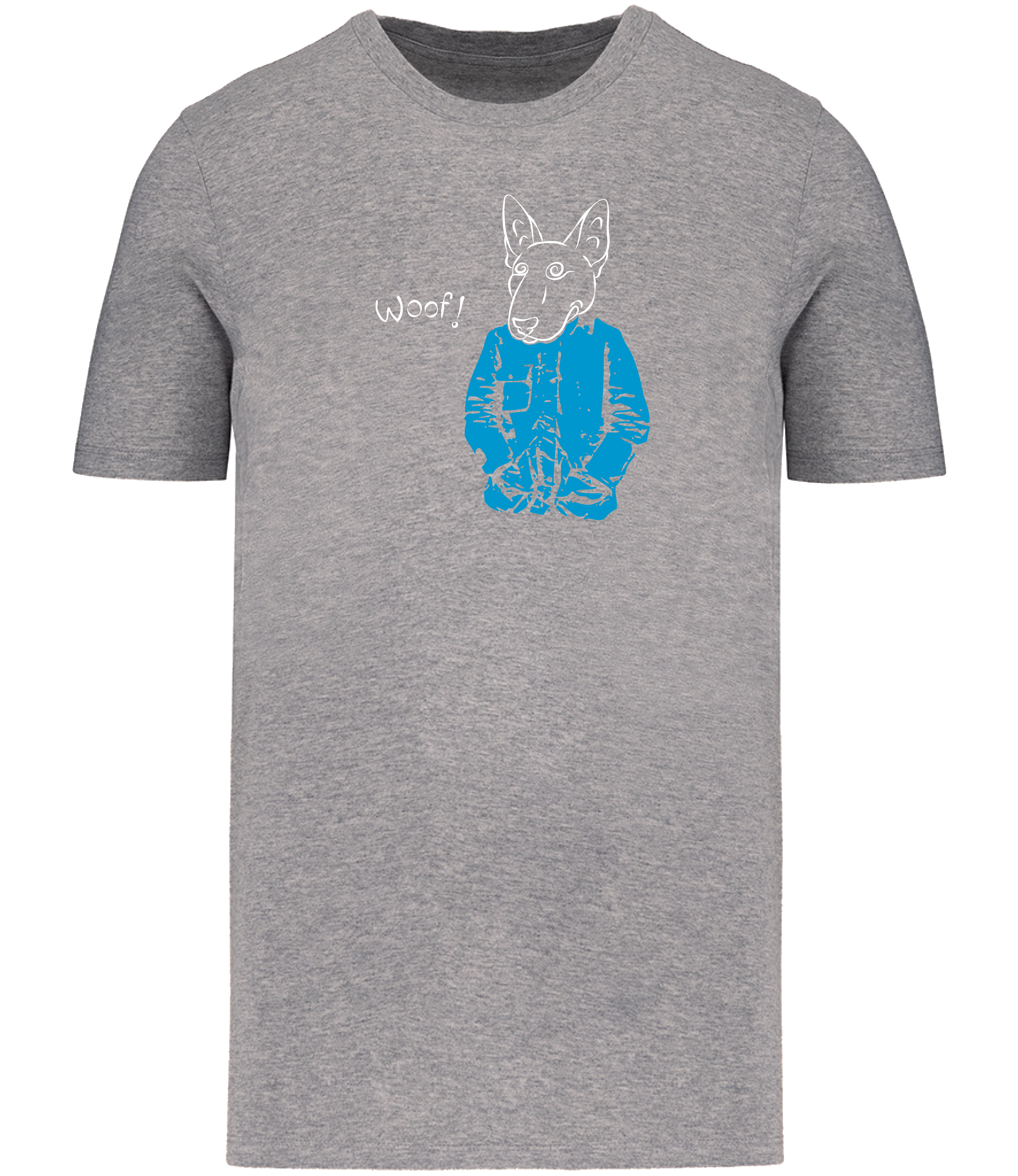 Grey T-shirt printed with a drawing of an English Bull Terrier Dog wearing a blue jacket and the word woof 