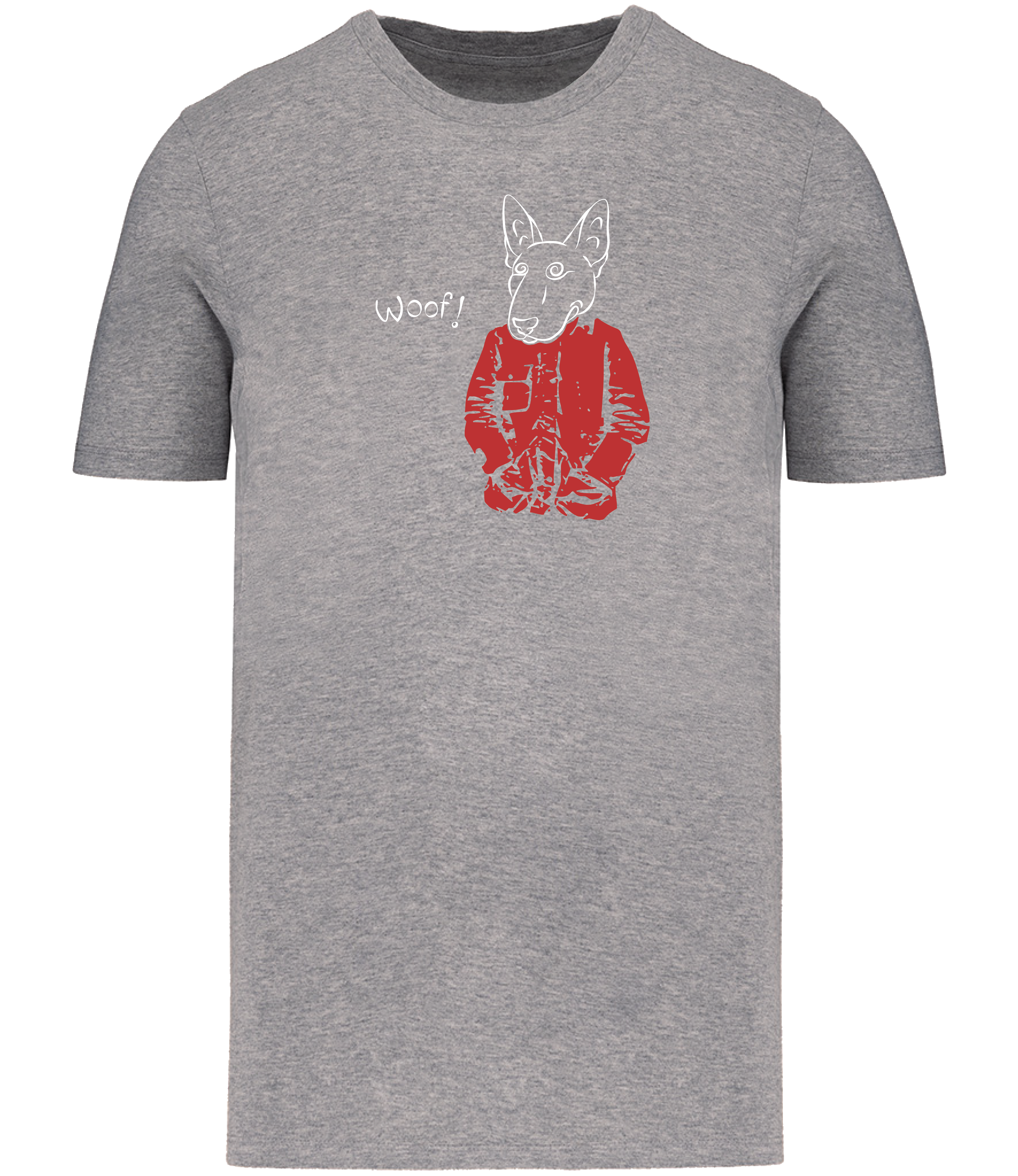 Grey T-shirt printed with a drawing of an English Bull Terrier Dog wearing a Red jacket and the word woof 