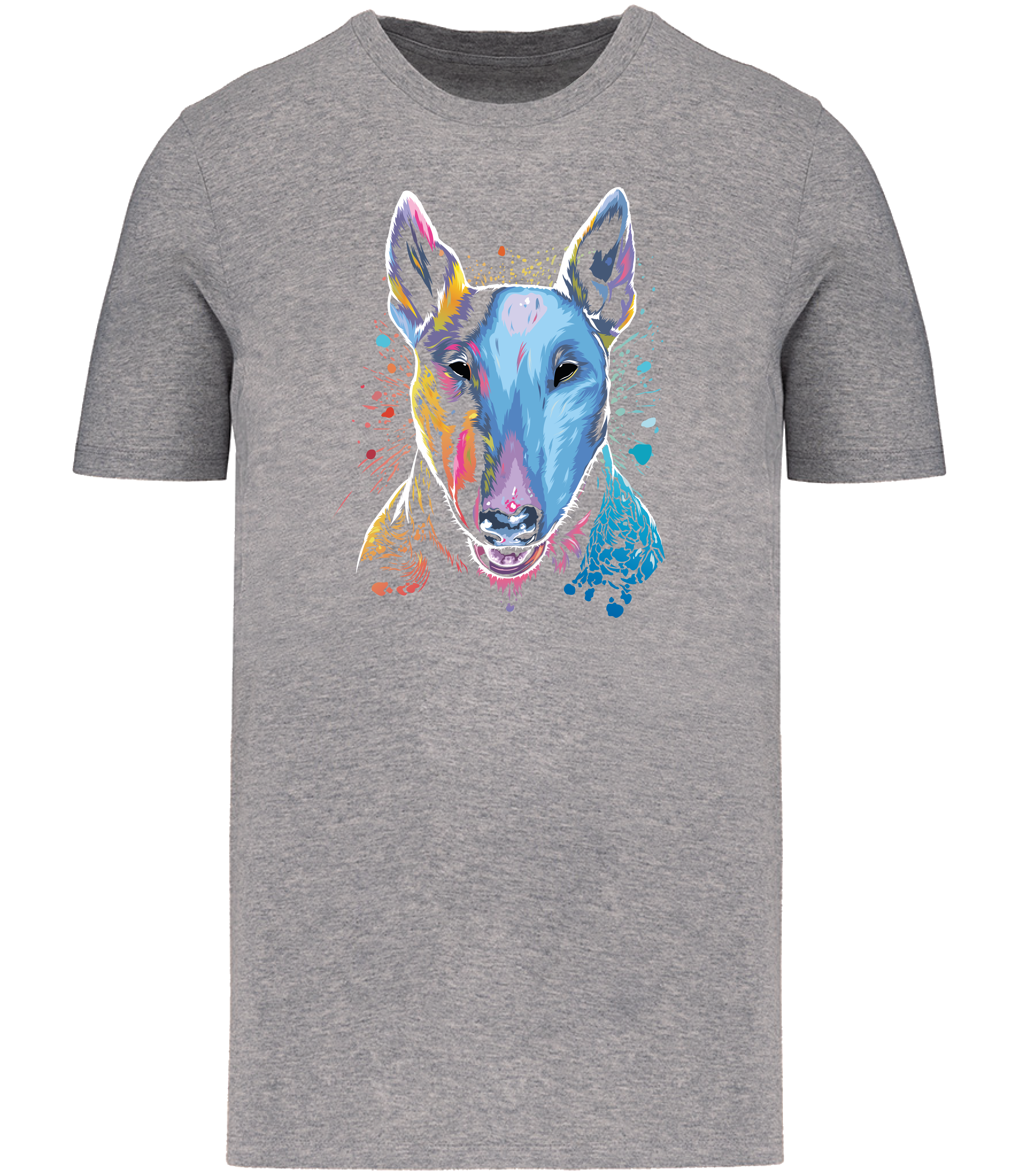 Grey T-shirt printed with an English Bull Terrier Dog face in bright colours and paint splashes 