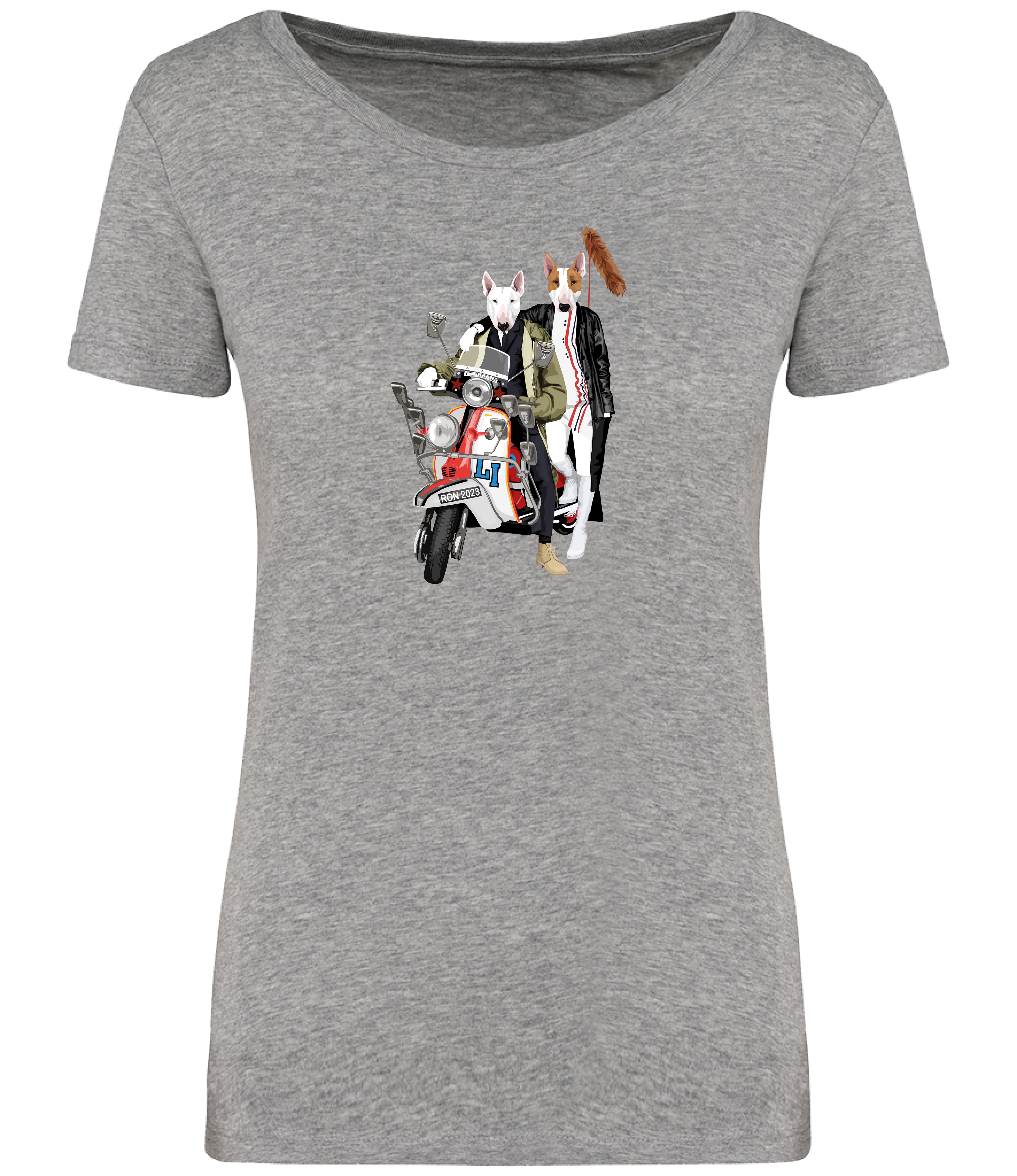Grey T-shirt printed with 2 English bull terrier dogs wearing trendy clothes riding a red and white scooter with fox tail on the back