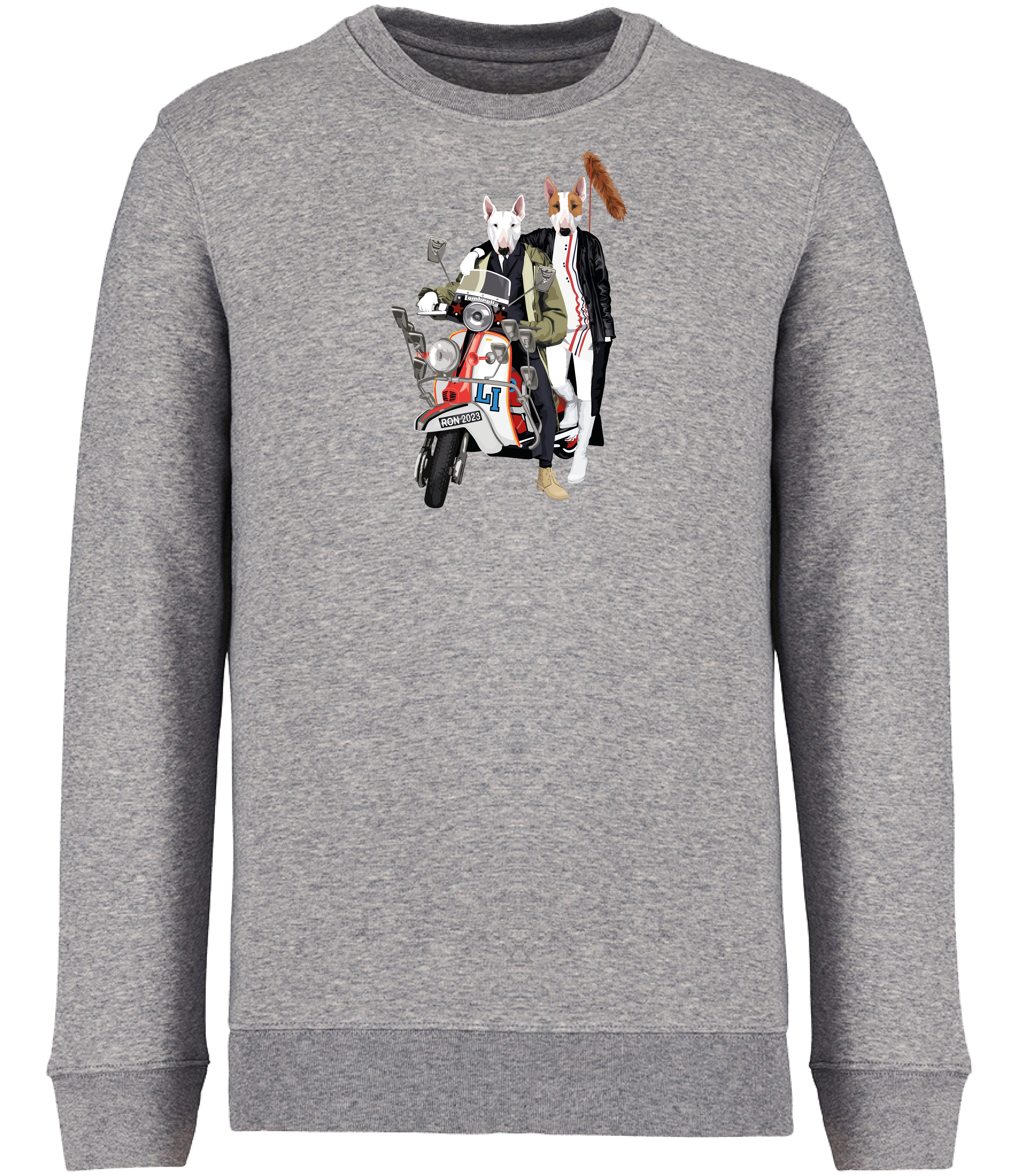 Grey sweatshirt printed with 2 English bull terrier dogs wearing trendy clothes riding a red and white scooter with fox tail on the back