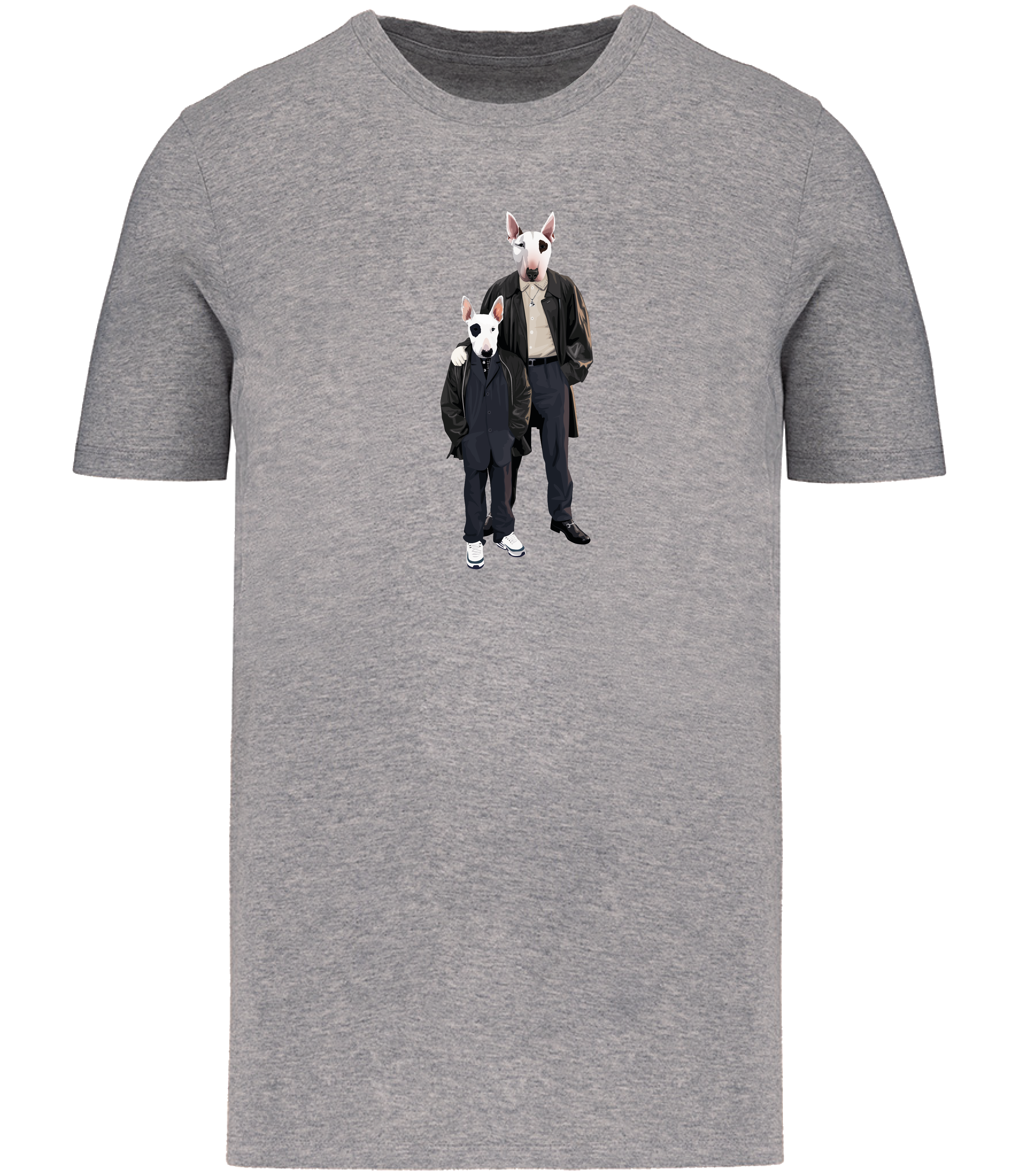 Grey T-shirt printed with an adult and boy English Bull Terrier Dogs wearing suits and leather jackets