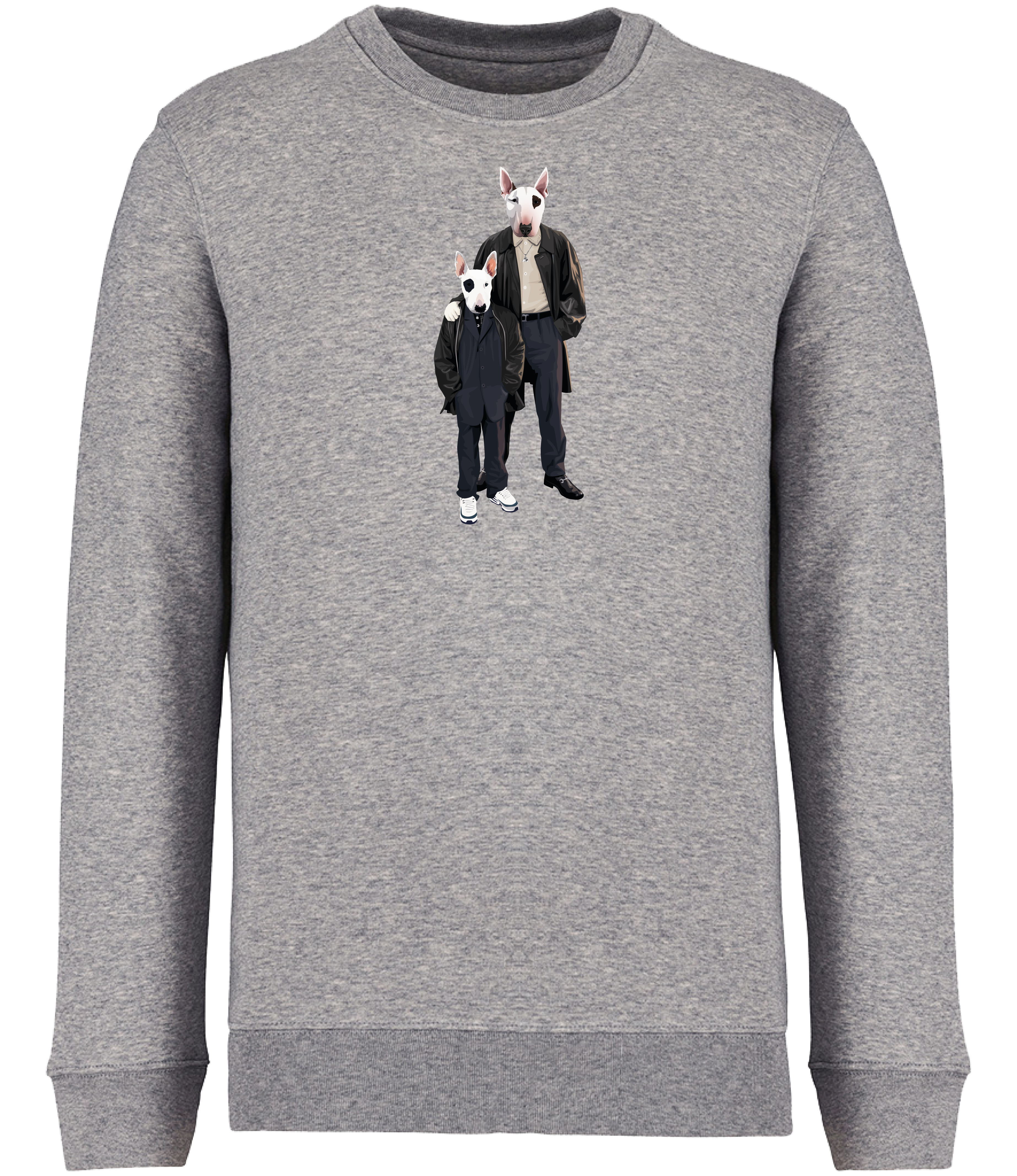 Grey Sweatshirt printed with an adult and boy English Bull Terrier Dogs wearing suits and leather jackets