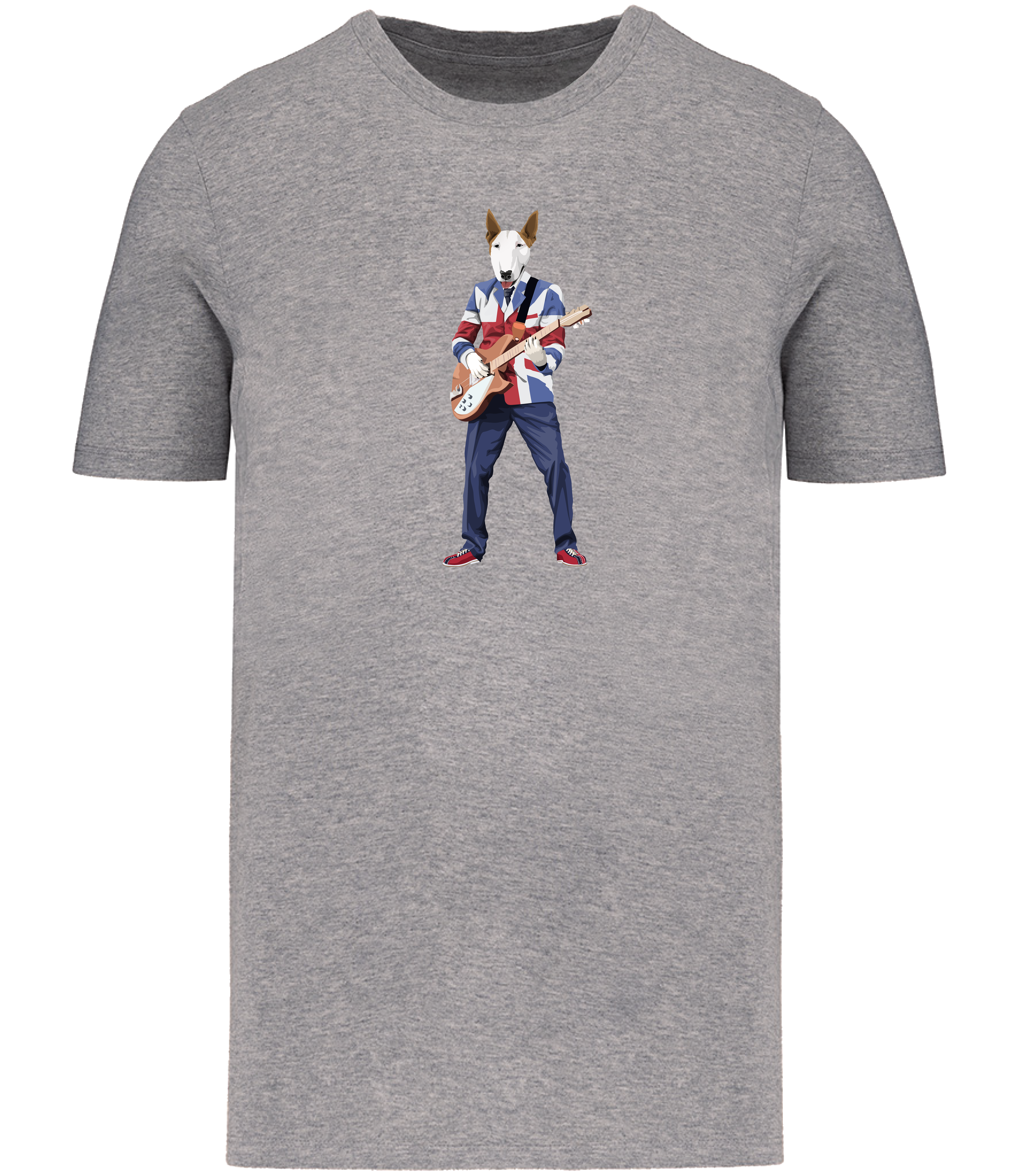 Grey T-shirt printed with an English Bull Terrier Dog wearing a Union Jack jacket playing a guitar
